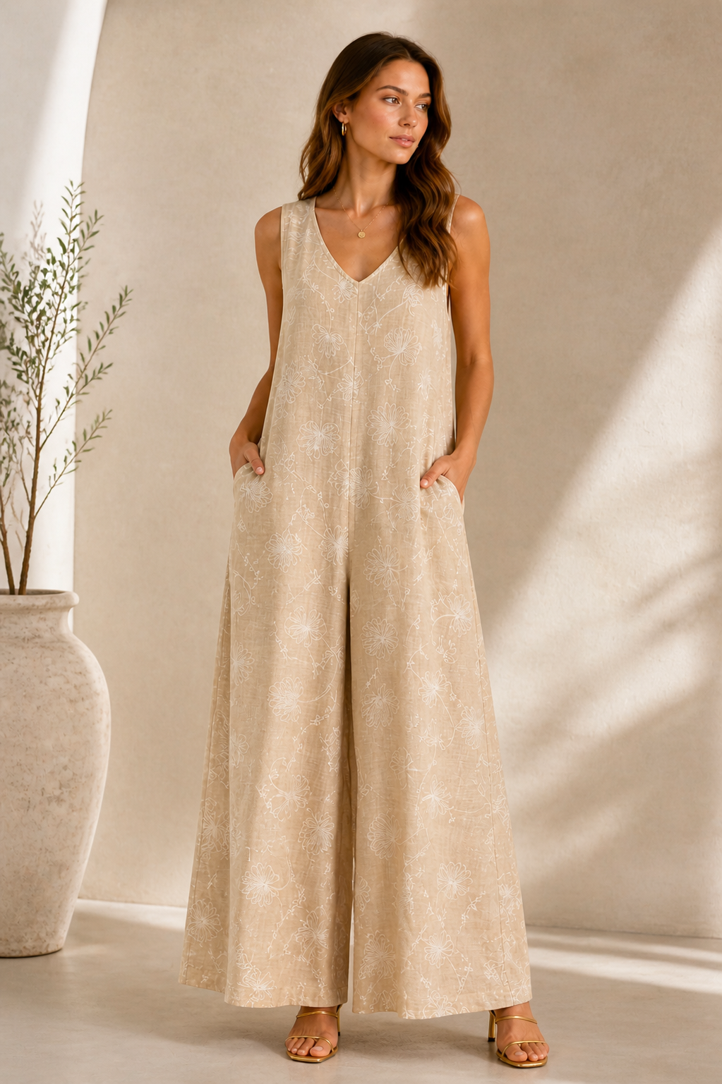 Floral Linen Blend Jumpsuit for Women – Sleeveless Wide Leg Summer Outfit with Embroidered Flowers