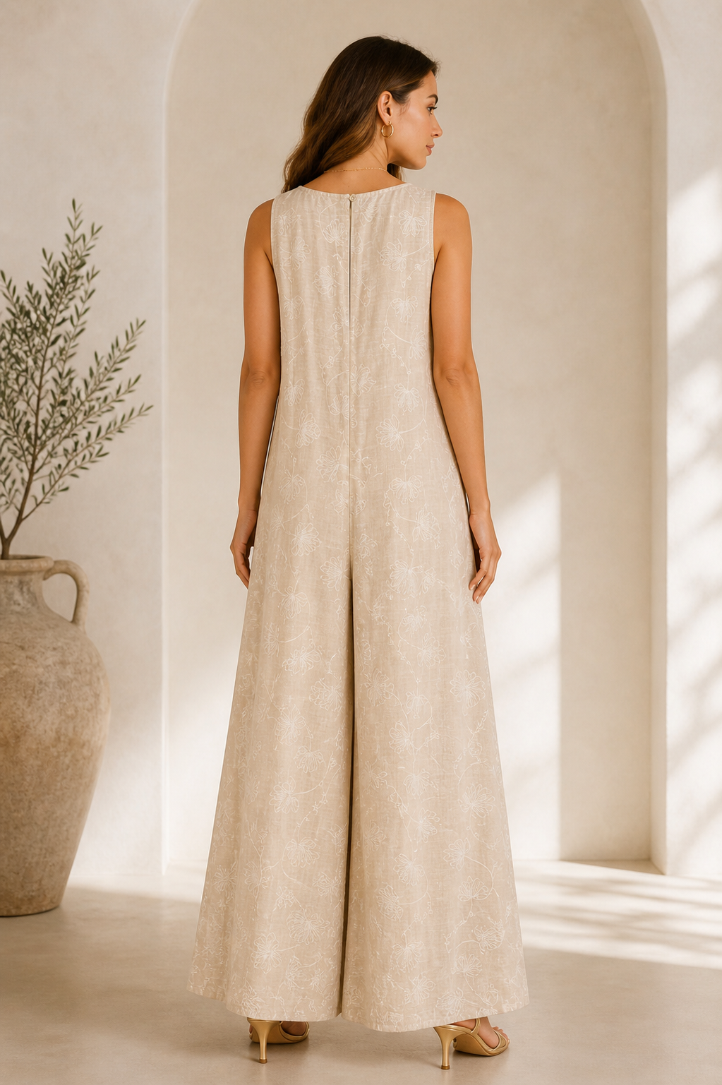 Floral Linen Blend Jumpsuit for Women – Sleeveless Wide Leg Summer Outfit with Embroidered Flowers