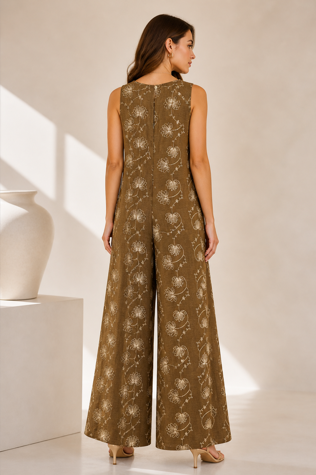 Floral Linen Blend Jumpsuit for Women – Sleeveless Wide Leg Summer Outfit with Embroidered Flowers
