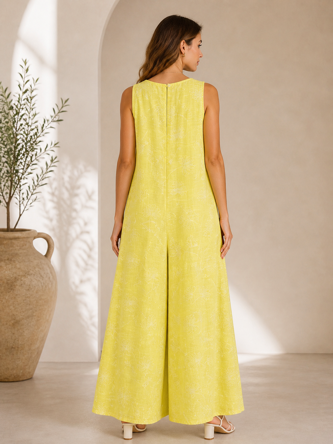 Floral Linen Blend Jumpsuit for Women – Sleeveless Wide Leg Summer Outfit with Embroidered Flowers