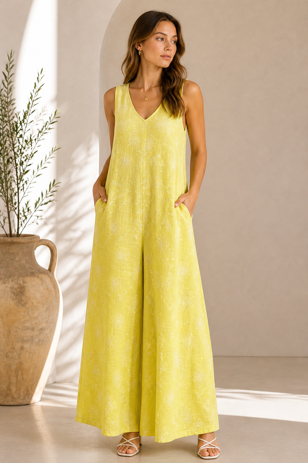 Floral Linen Blend Jumpsuit for Women – Sleeveless Wide Leg Summer Outfit with Embroidered Flowers