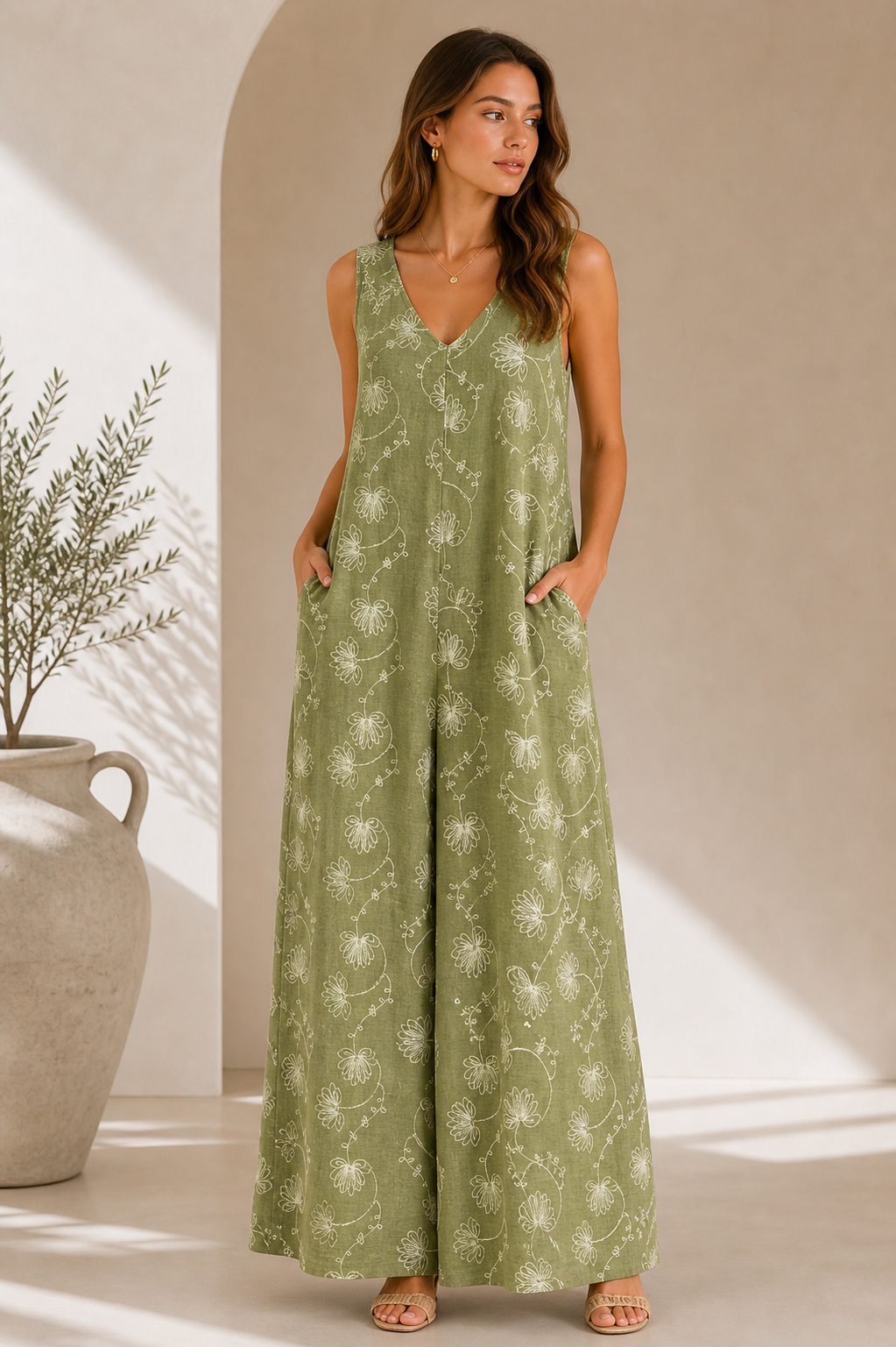 Floral Linen Blend Jumpsuit for Women – Sleeveless Wide Leg Summer Outfit with Embroidered Flowers
