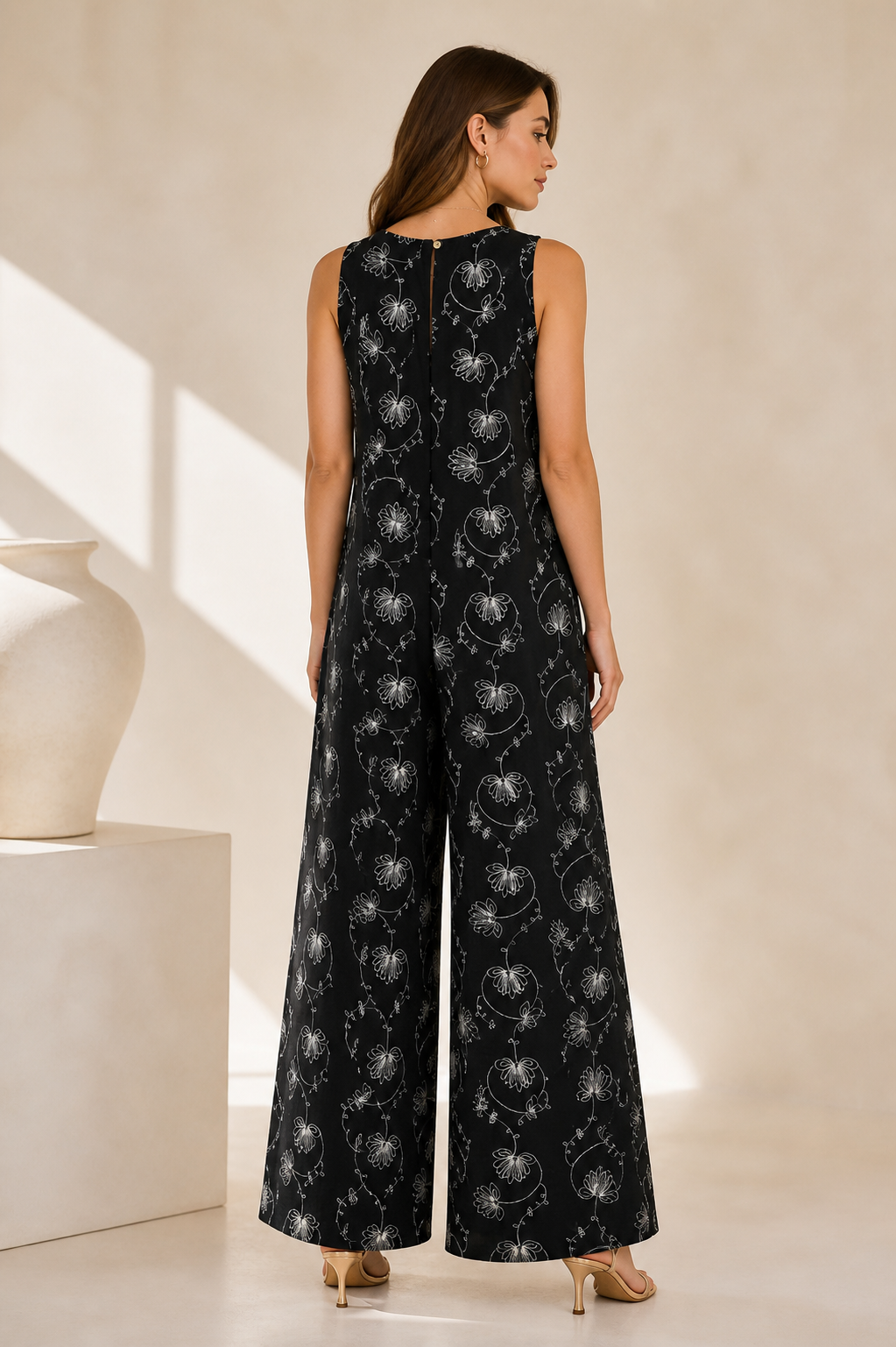 Floral Linen Blend Jumpsuit for Women – Sleeveless Wide Leg Summer Outfit with Embroidered Flowers