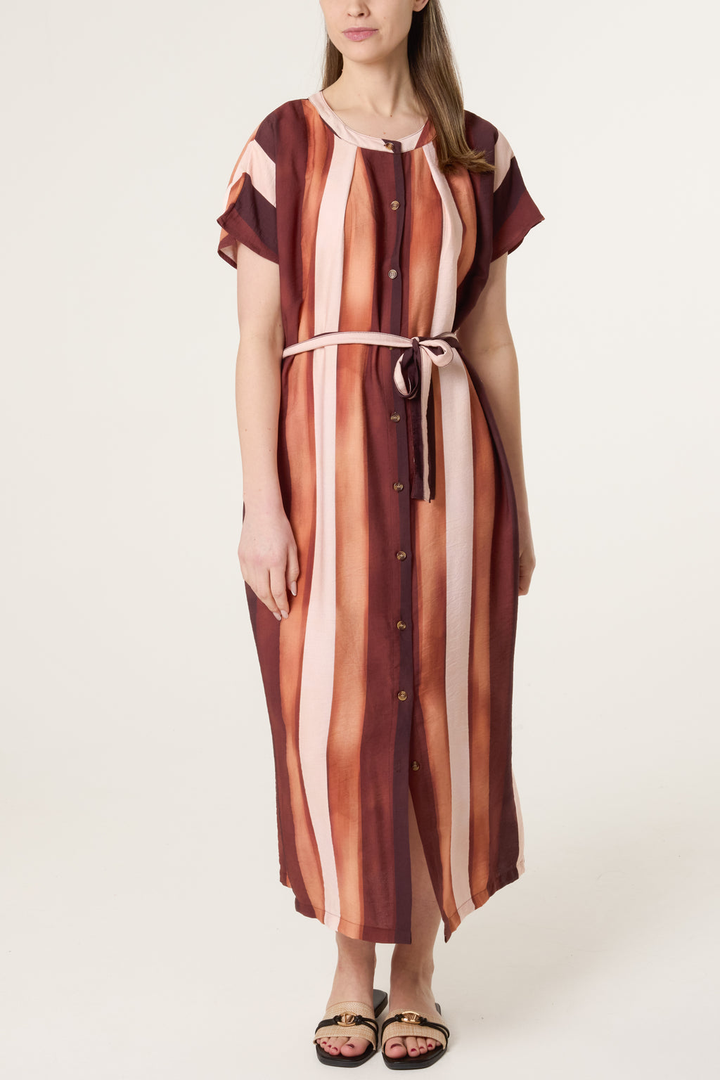 Striped Midi Shirt Dress – Belted Button-Down Summer Dress with Short Sleeves