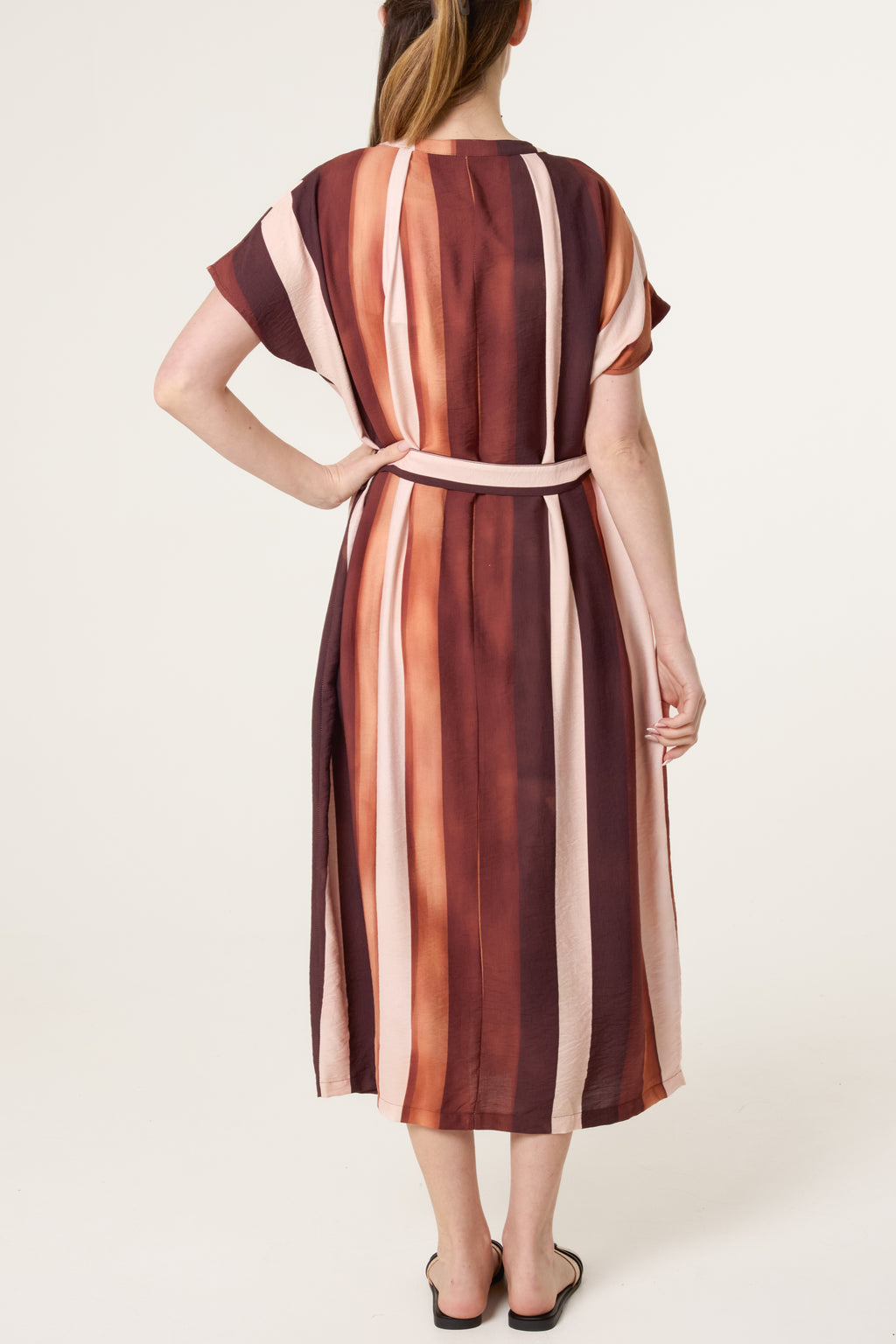 Striped Midi Shirt Dress – Belted Button-Down Summer Dress with Short Sleeves