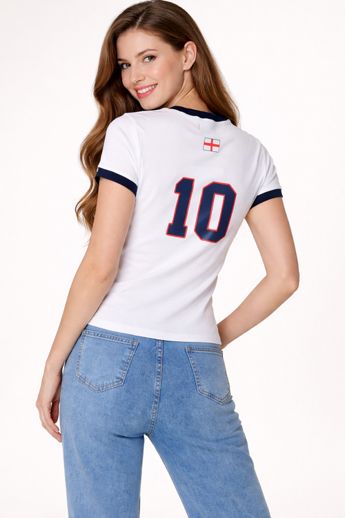 England Printed Women’s T-Shirt – White Fitted Sports Tee with Contrast Trim