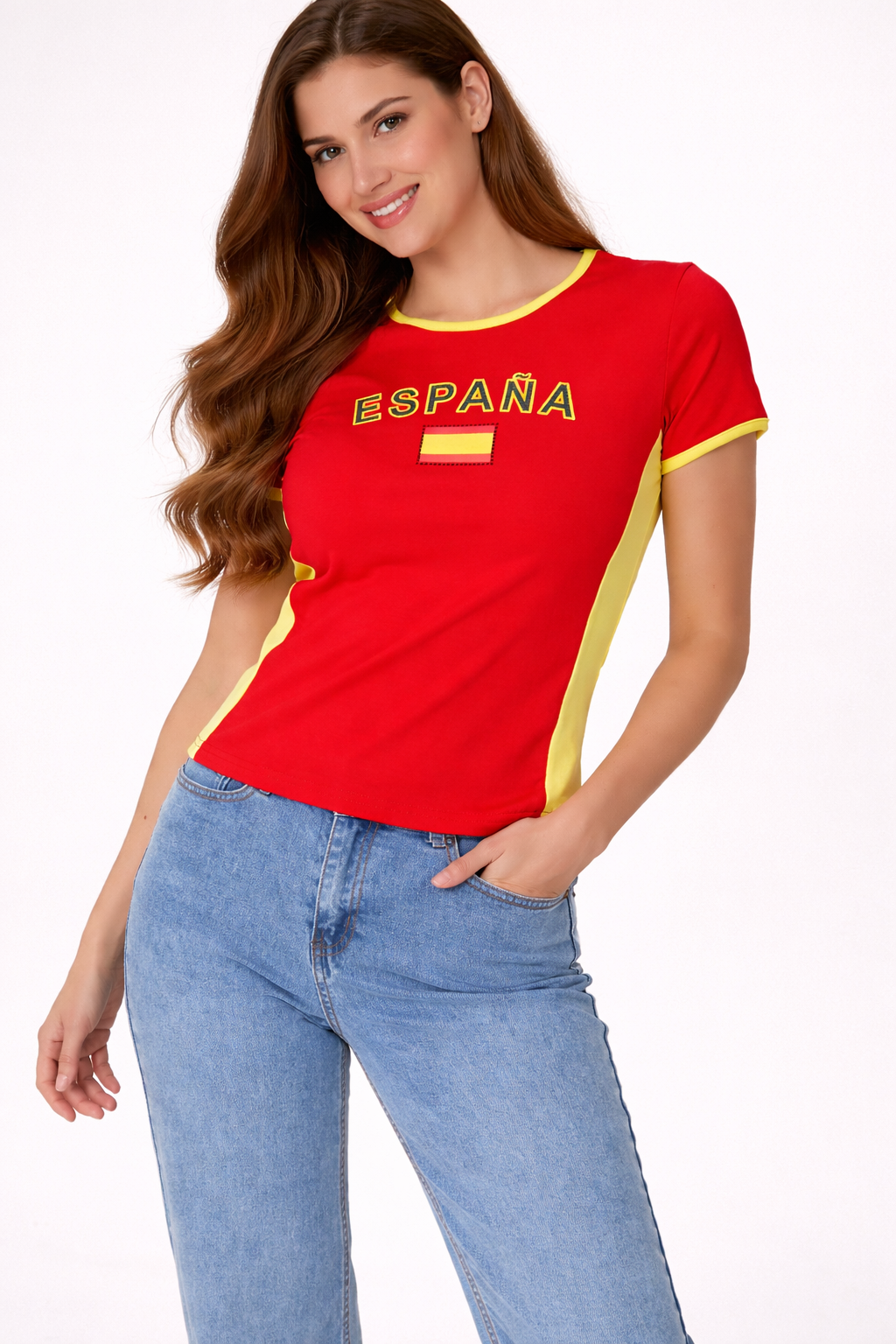 Spain Printed Women’s T-Shirt – Red Fitted Sports Style Tee
