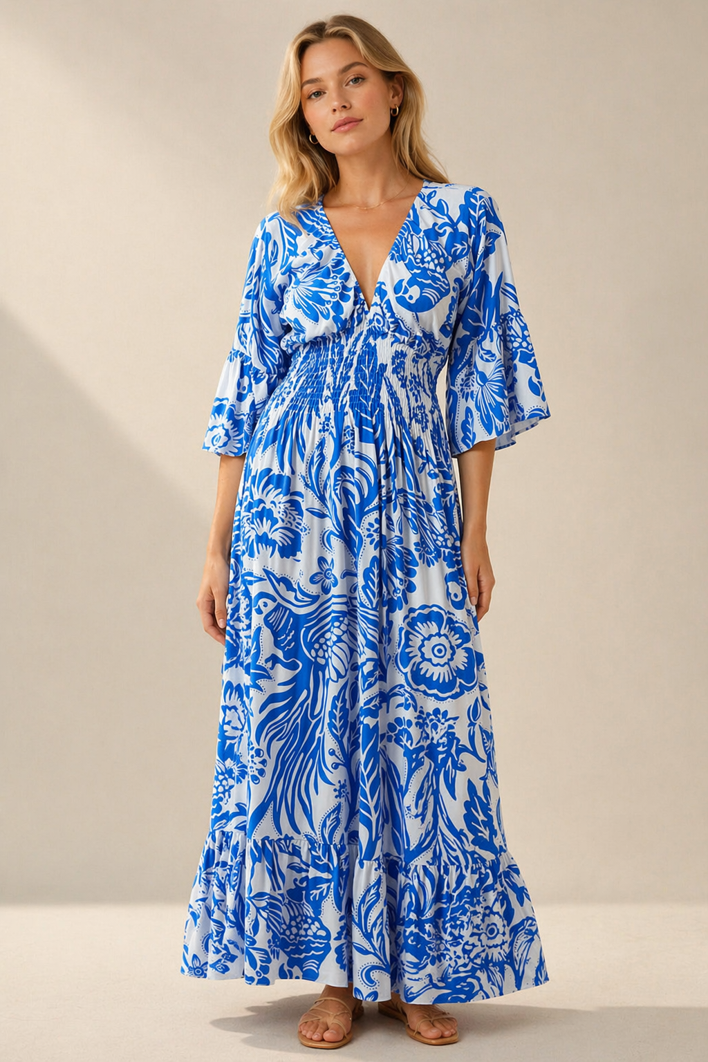 Elegant Floral Maxi Dress for Women – Lightweight Boho Summer Dress with Smocked Waist