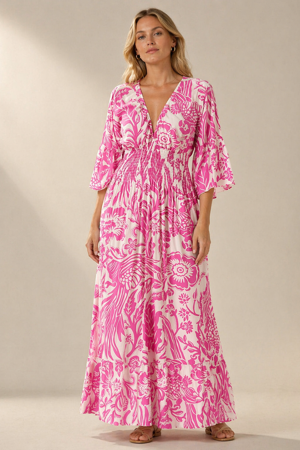 Elegant Floral Maxi Dress for Women – Lightweight Boho Summer Dress with Smocked Waist