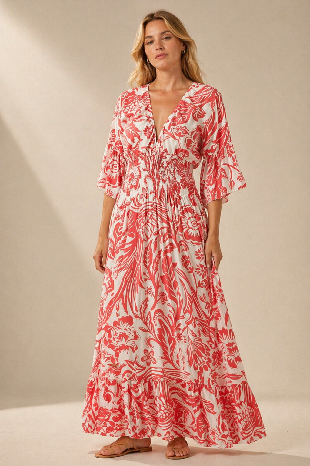 Elegant Floral Maxi Dress for Women – Lightweight Boho Summer Dress with Smocked Waist