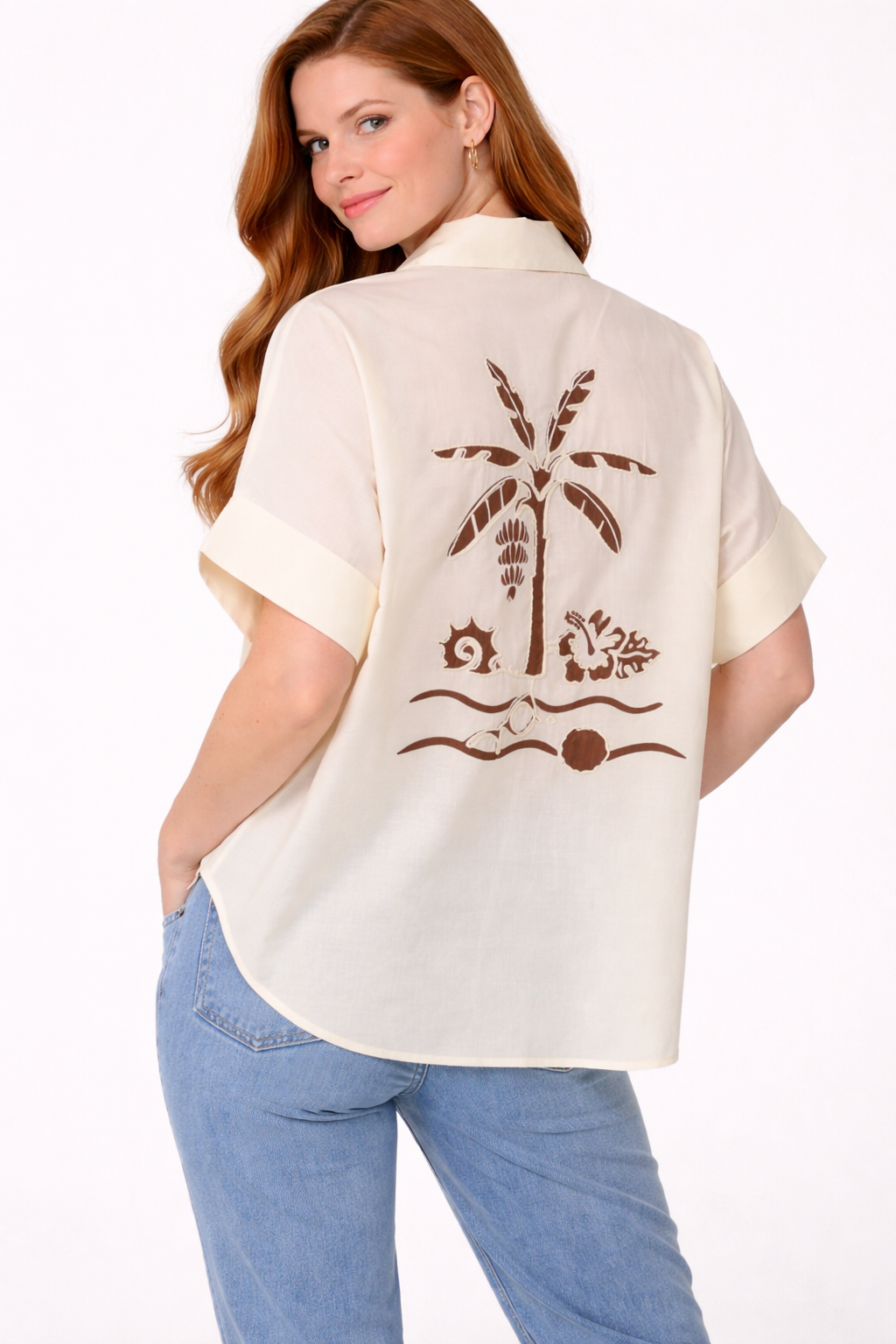 Tropical Embroidered Women’s Shirt – Cream Oversized Casual Blouse