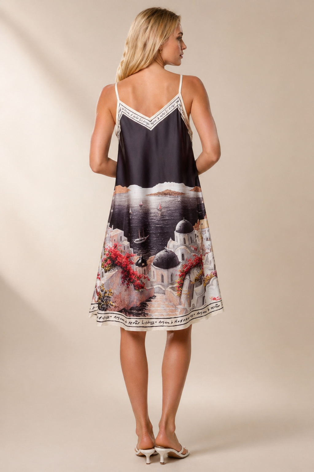 Santorini Print Satin Mini Dress – Elegant Summer Beach Midi Dress with Mediterranean Coastal Design