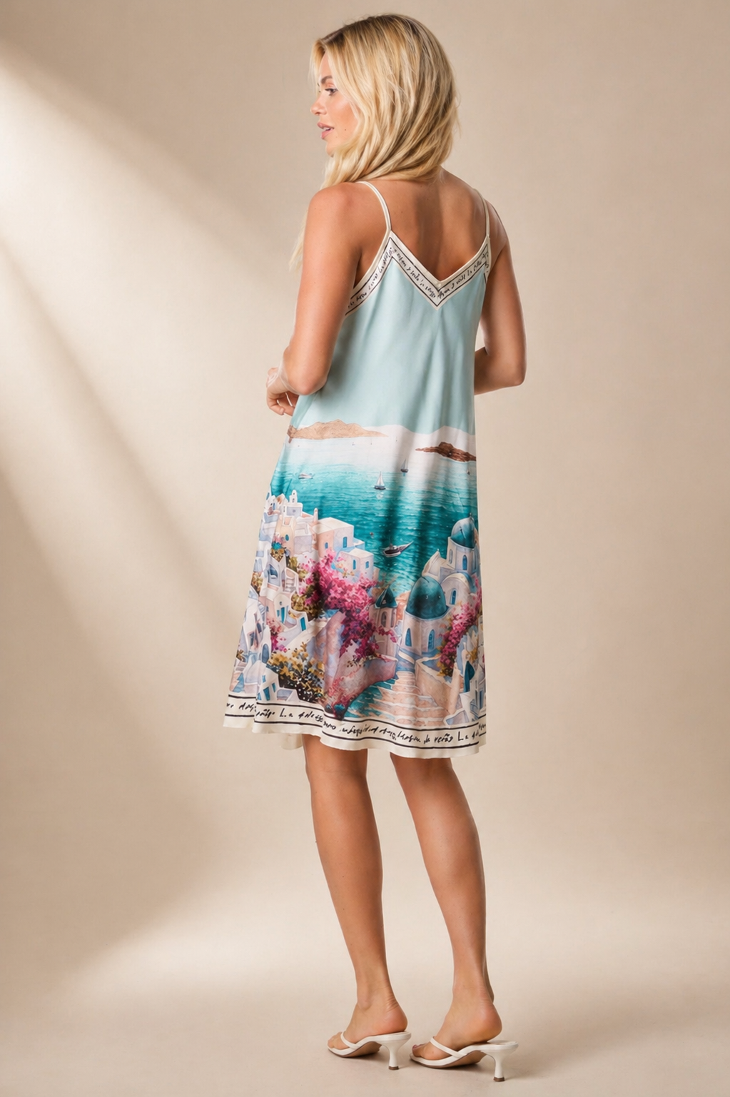 Santorini Print Satin Mini Dress – Elegant Summer Beach Midi Dress with Mediterranean Coastal Design