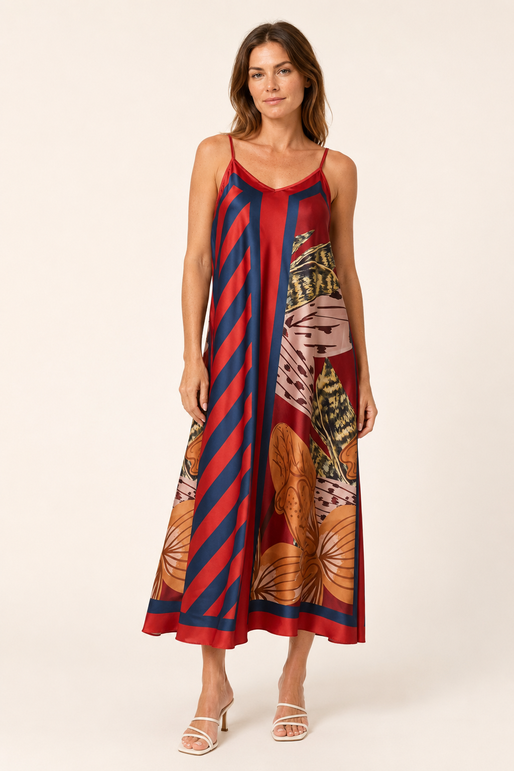 Abstract Botanical Print Satin Cami Midi Dress