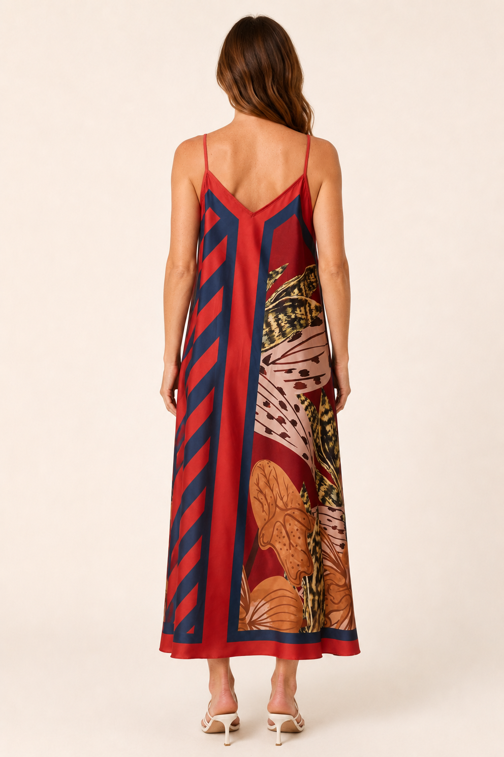 Abstract Botanical Print Satin Cami Midi Dress