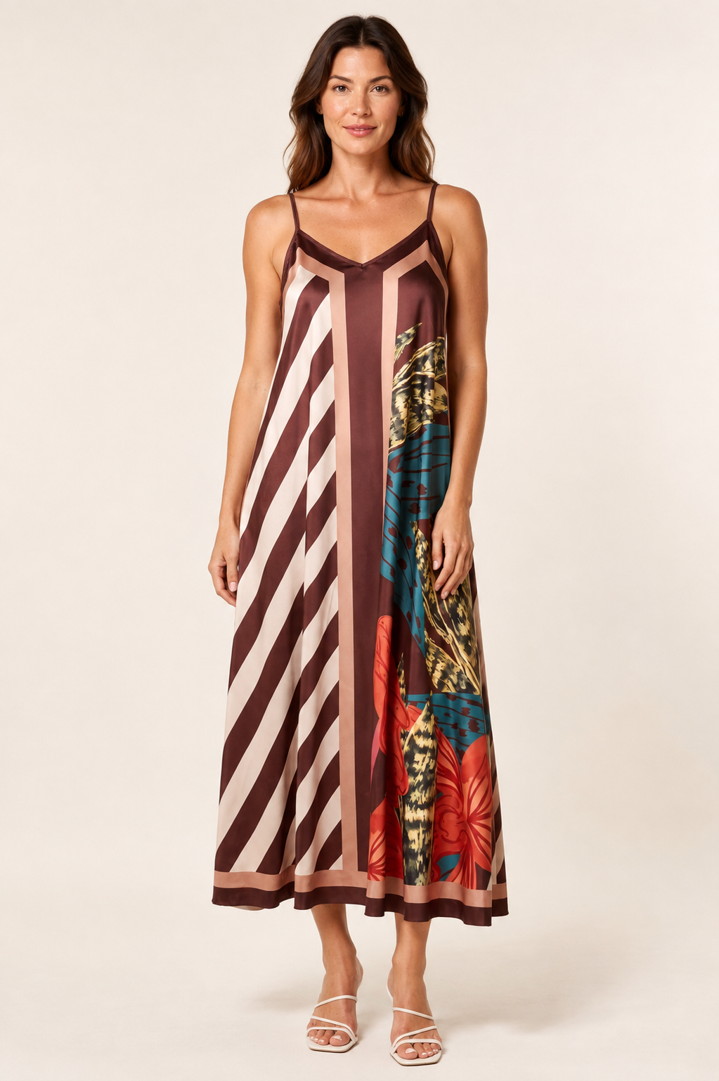 Abstract Botanical Print Satin Cami Midi Dress