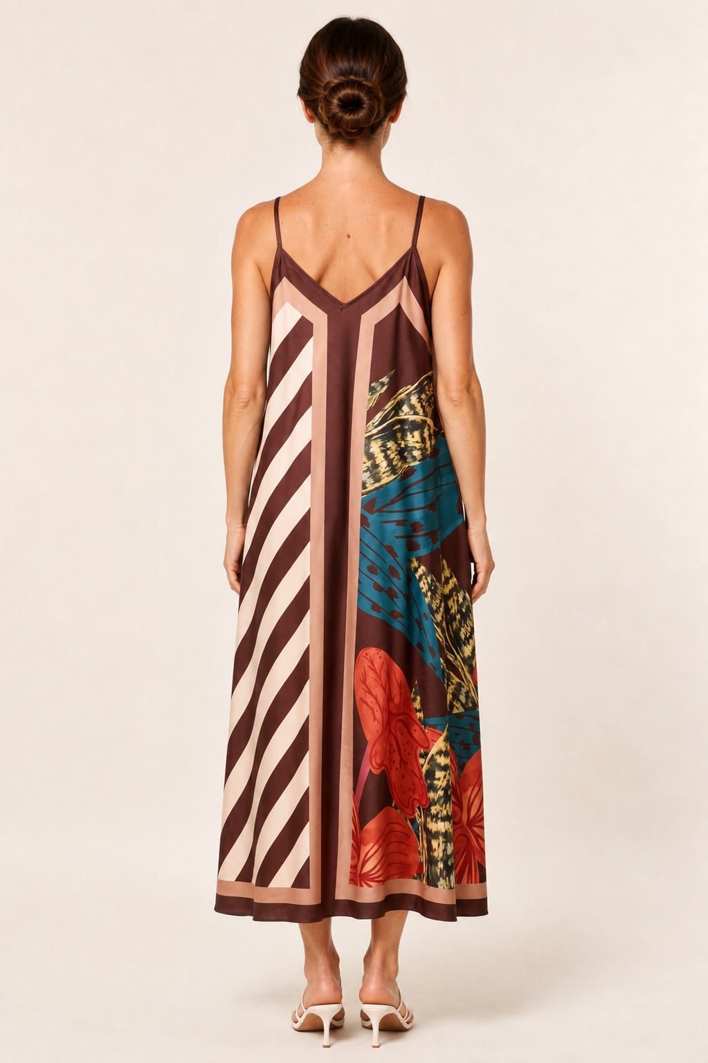 Abstract Botanical Print Satin Cami Midi Dress