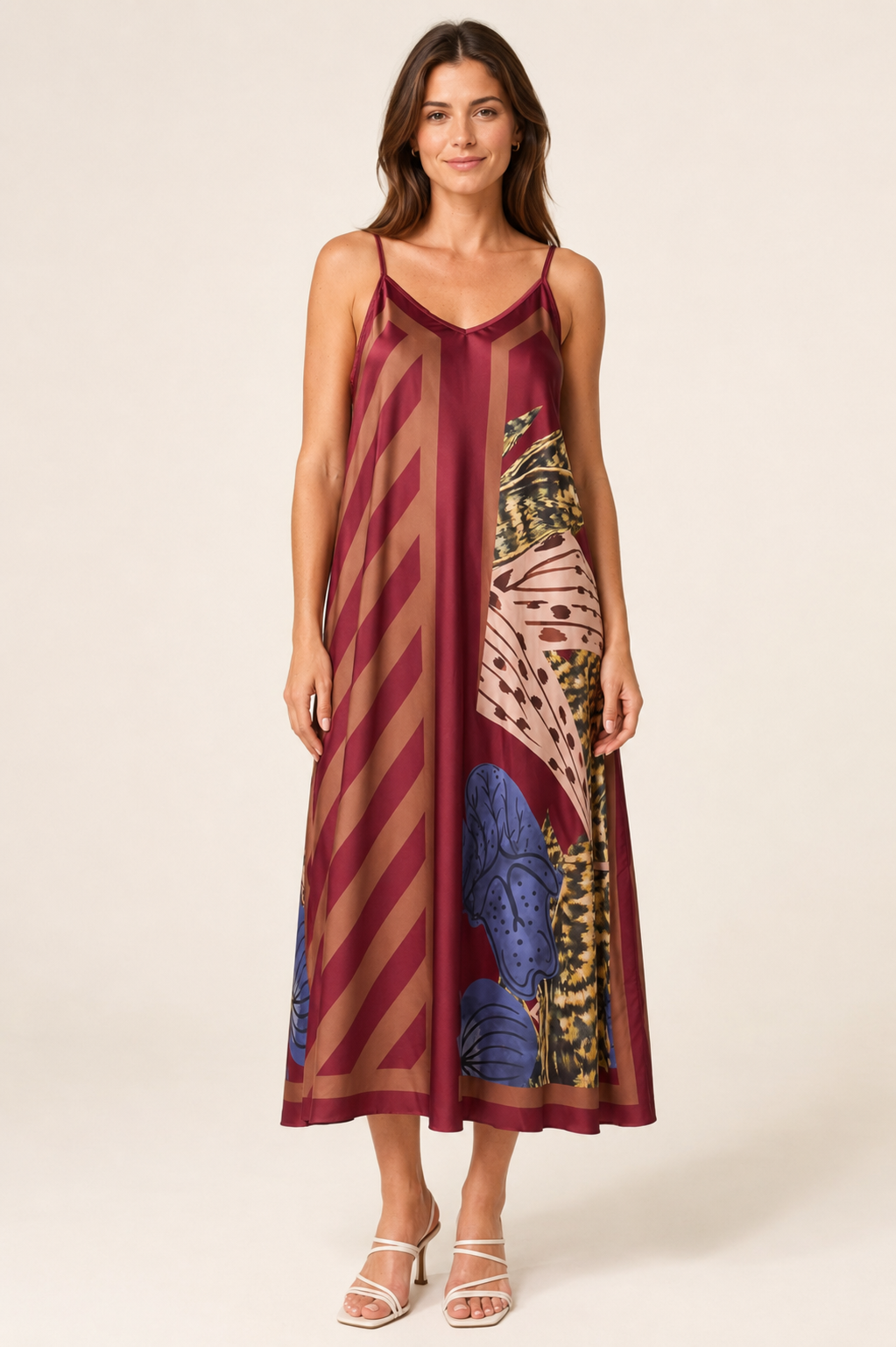 Abstract Botanical Print Satin Cami Midi Dress