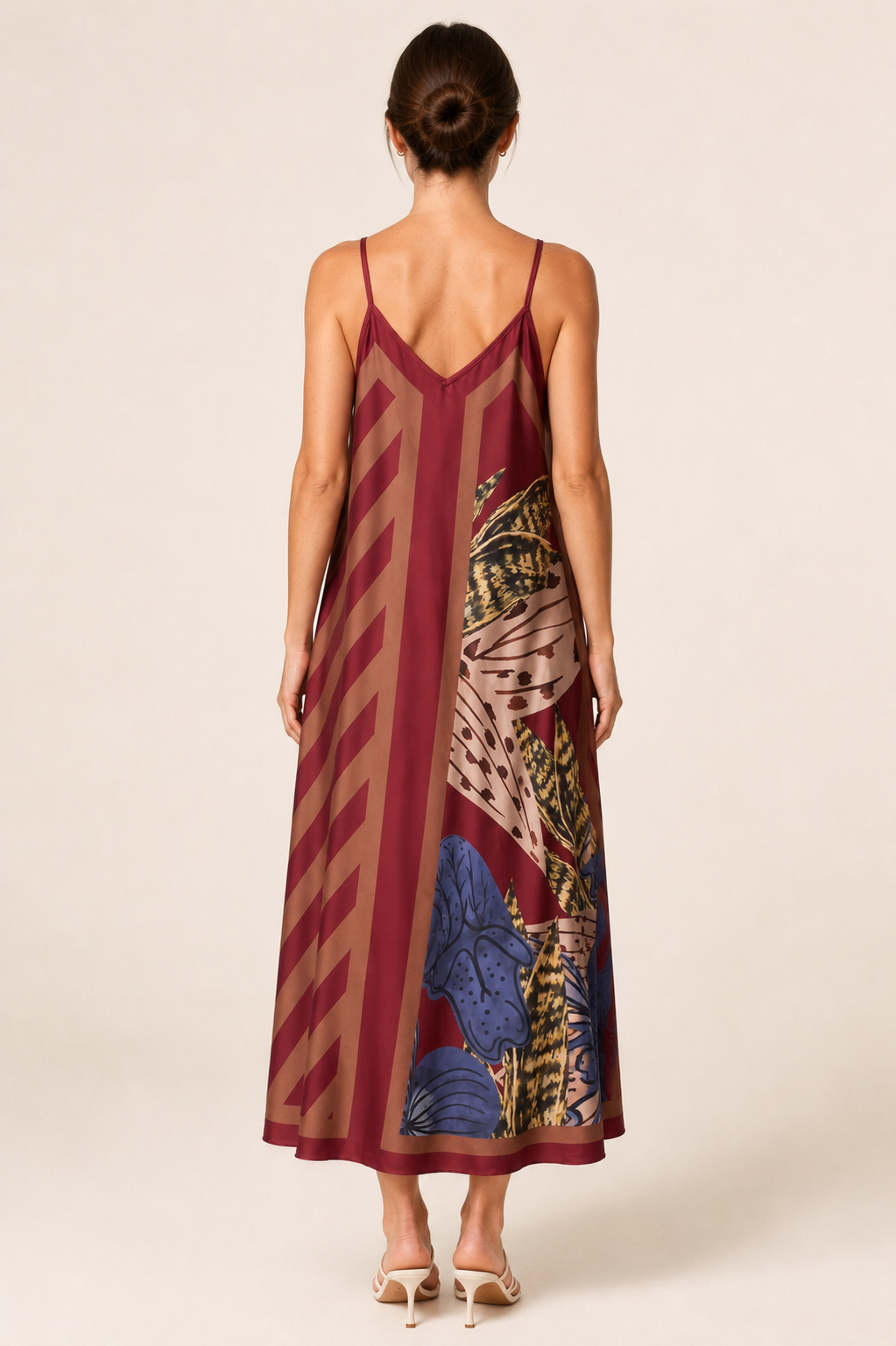 Abstract Botanical Print Satin Cami Midi Dress