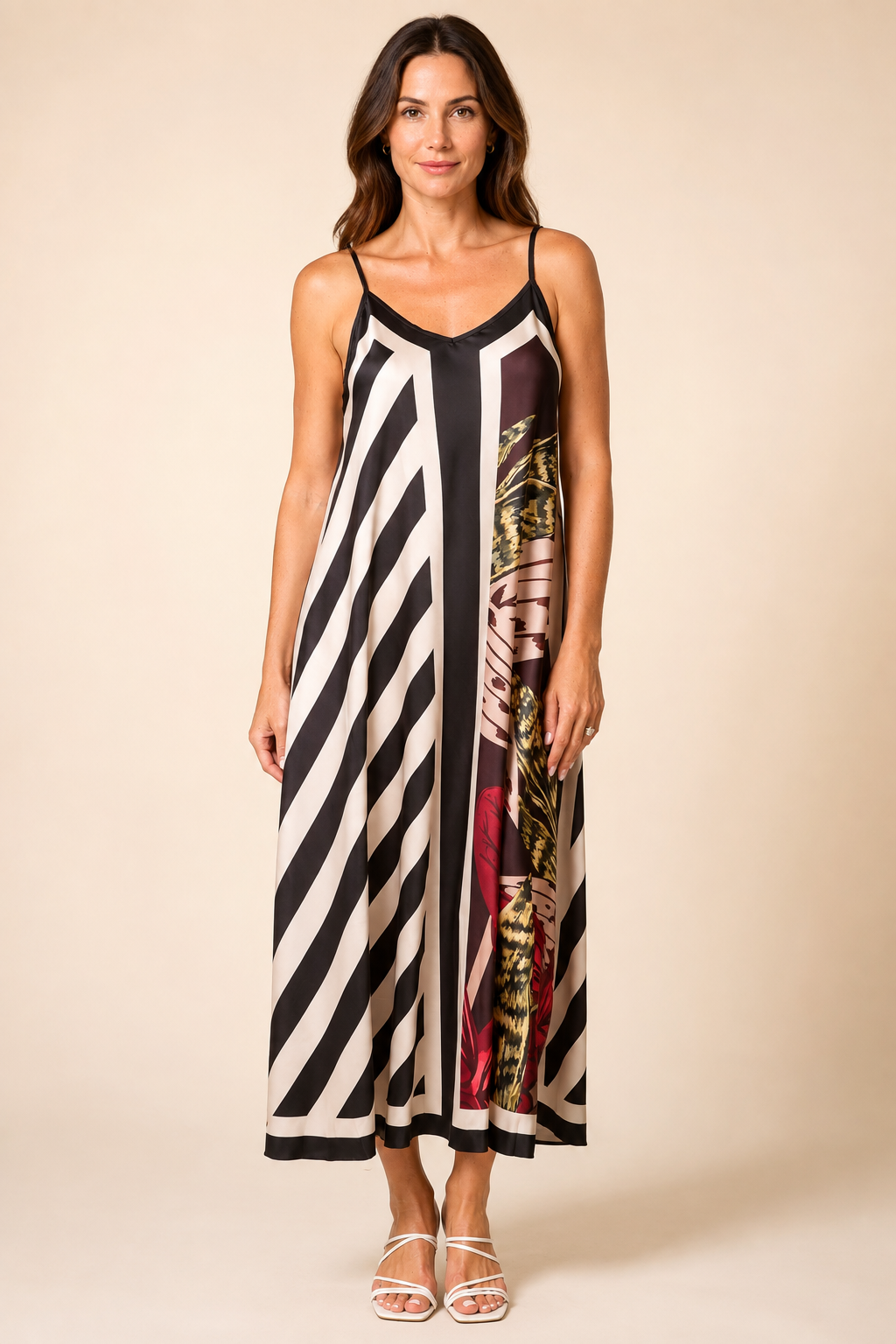 Abstract Botanical Print Satin Cami Midi Dress