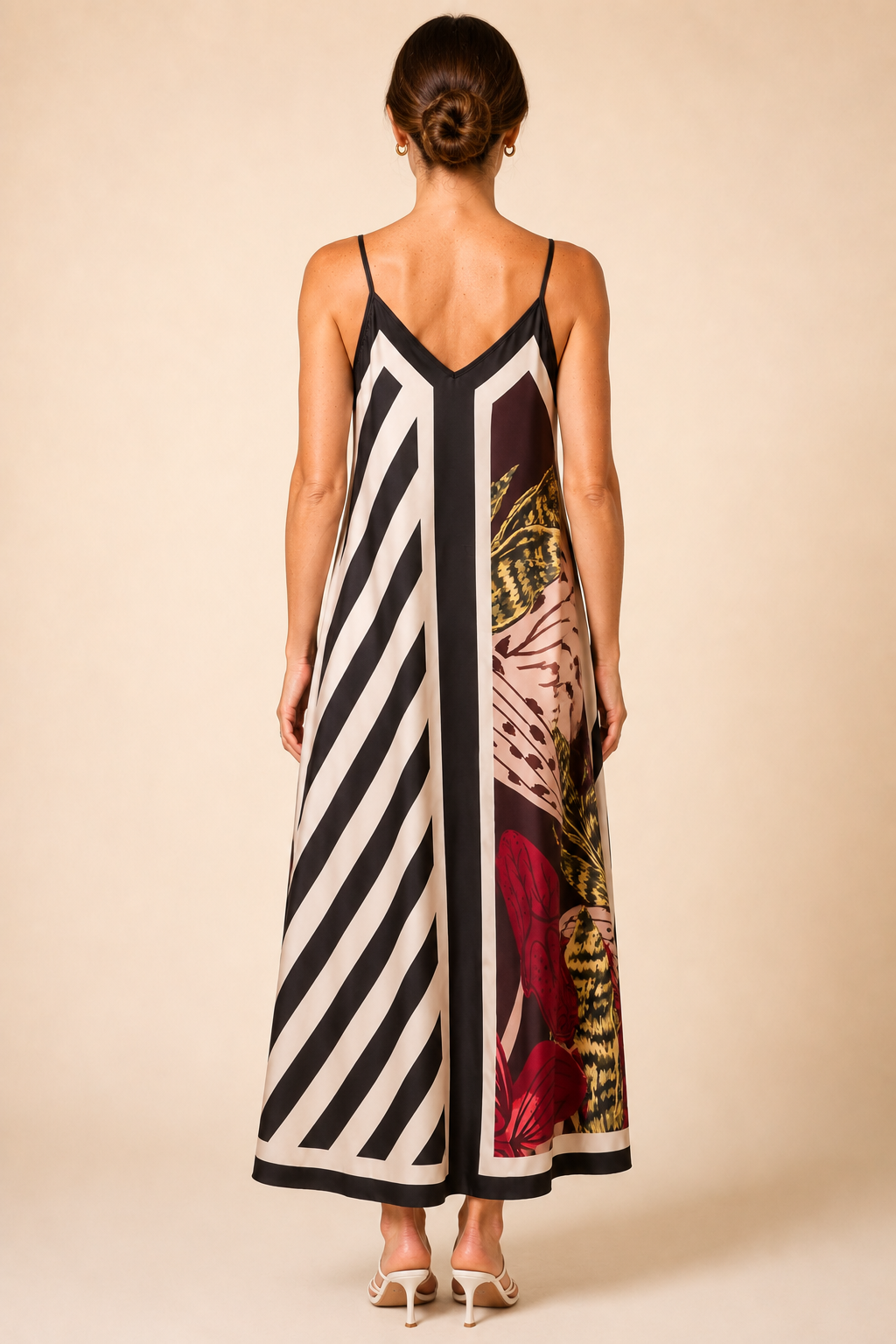 Abstract Botanical Print Satin Cami Midi Dress