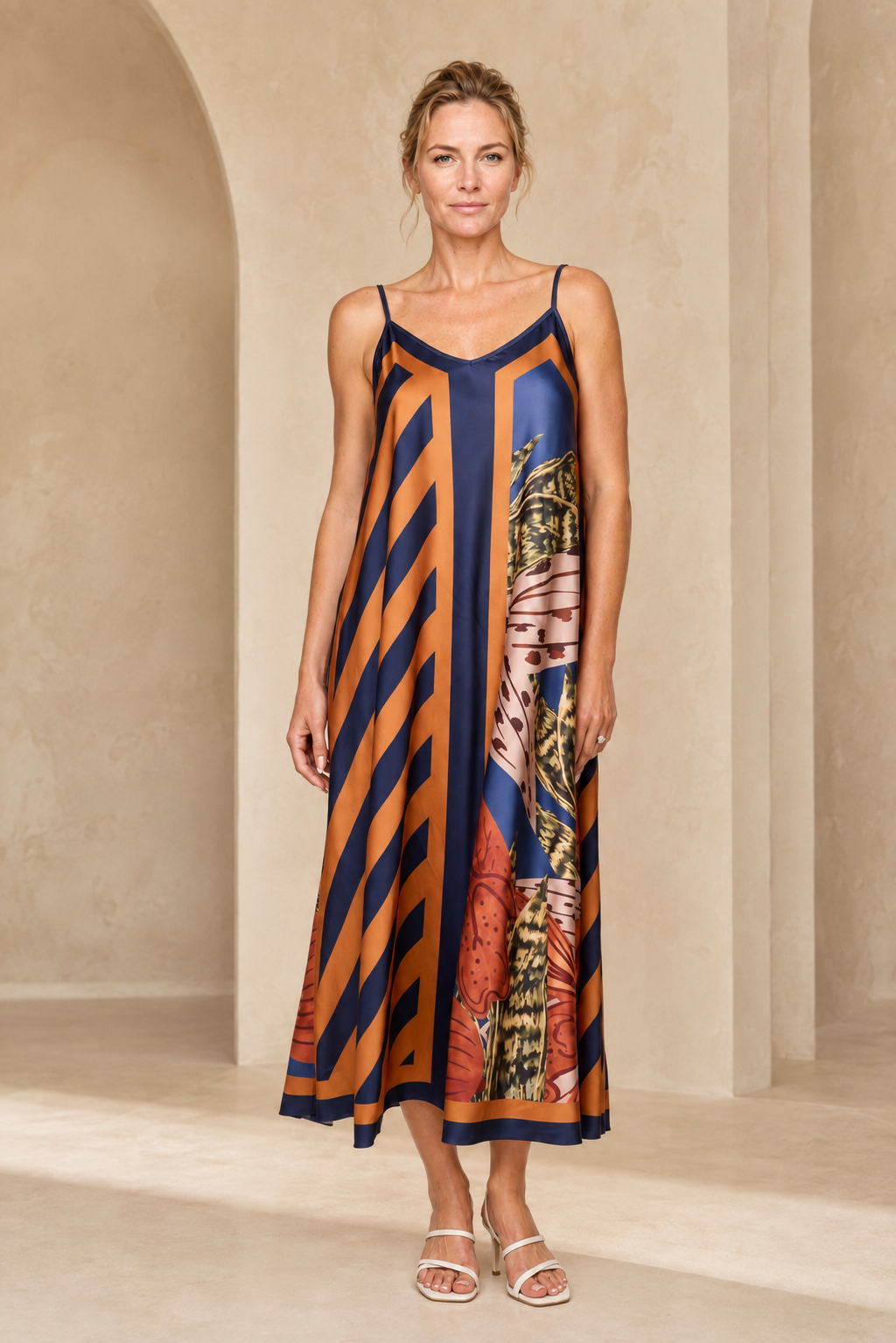 Abstract Botanical Print Satin Cami Midi Dress