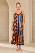 Abstract Botanical Print Satin Cami Midi Dress
