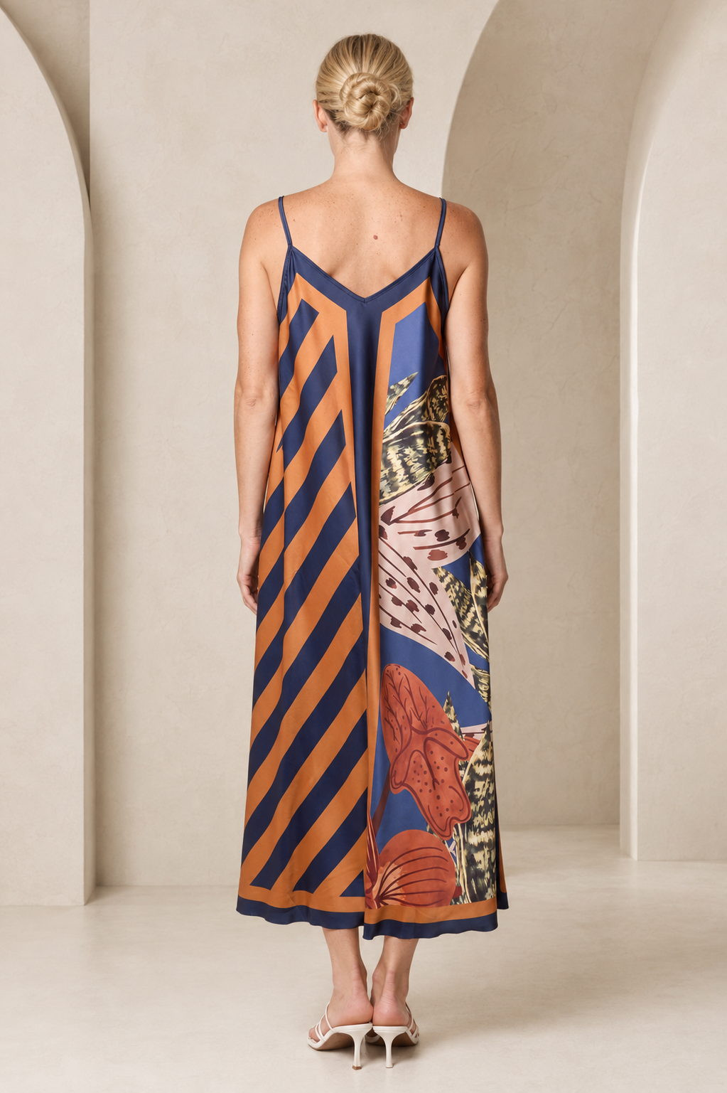 Abstract Botanical Print Satin Cami Midi Dress