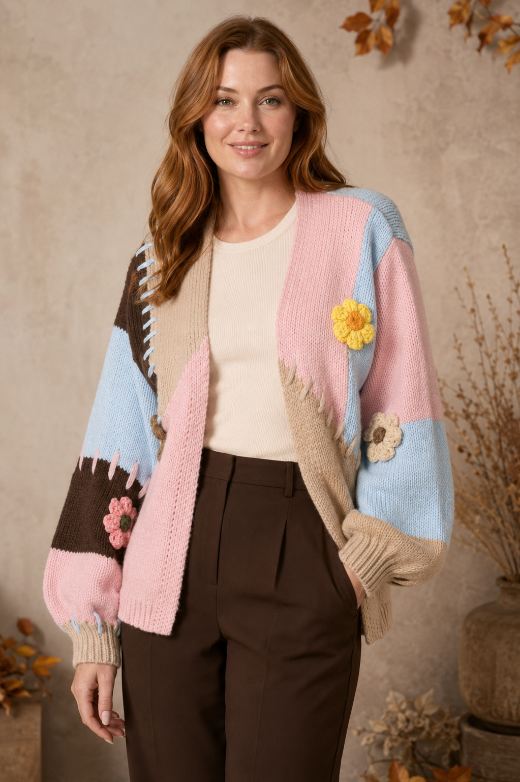 Women's colour block chunky knit cardigan with 3D crochet flowers – Nami Eloria