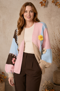 Women's colour block chunky knit cardigan with 3D crochet flowers – Nami Eloria
