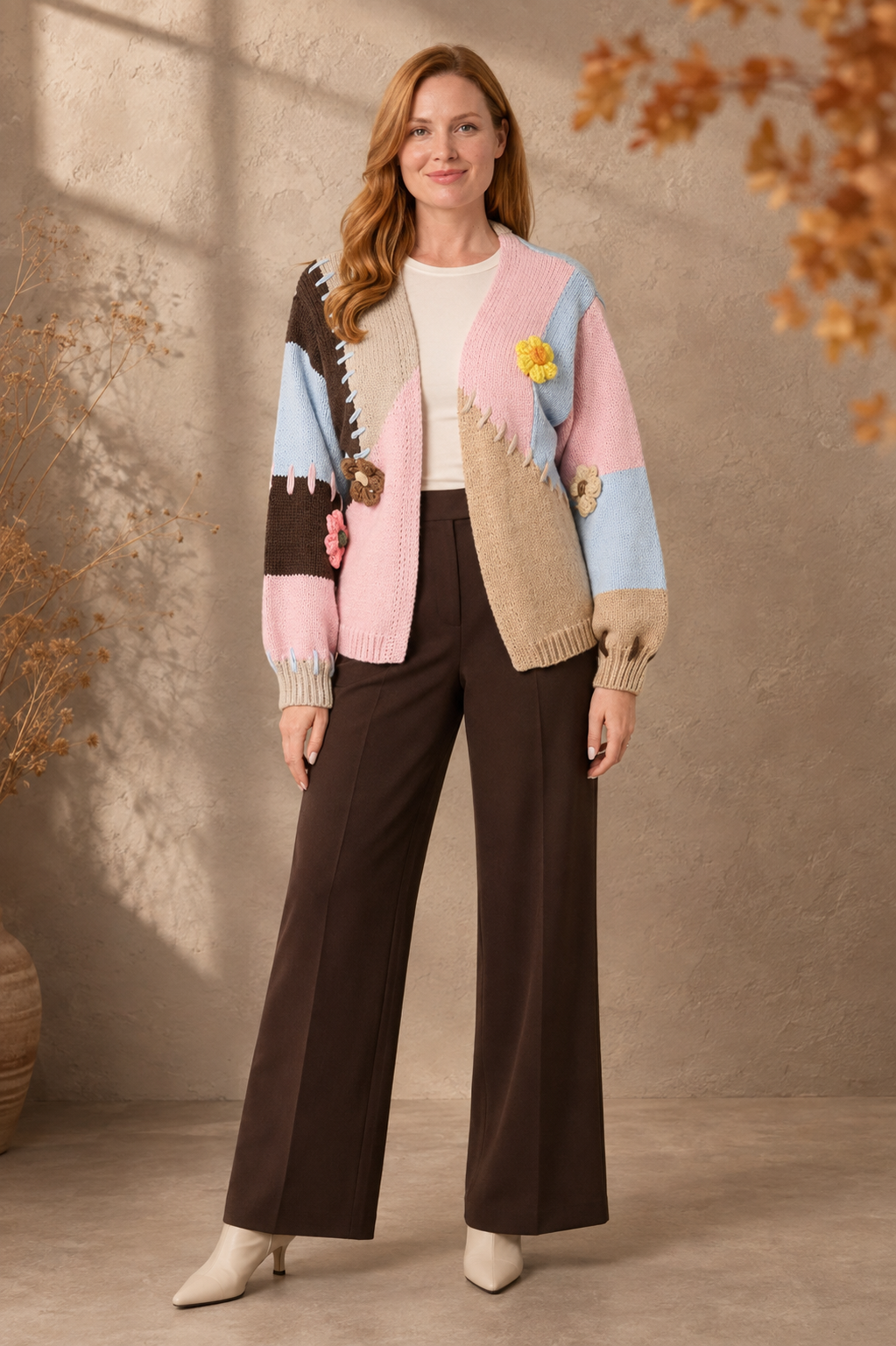 Multicolour chunky knit cardigan with 3D flower appliqué detail