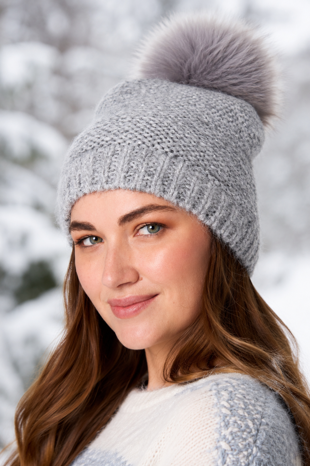 Pom Pom Beanie Hat – Soft Knitted Winter Sparkly Bobble Hat
