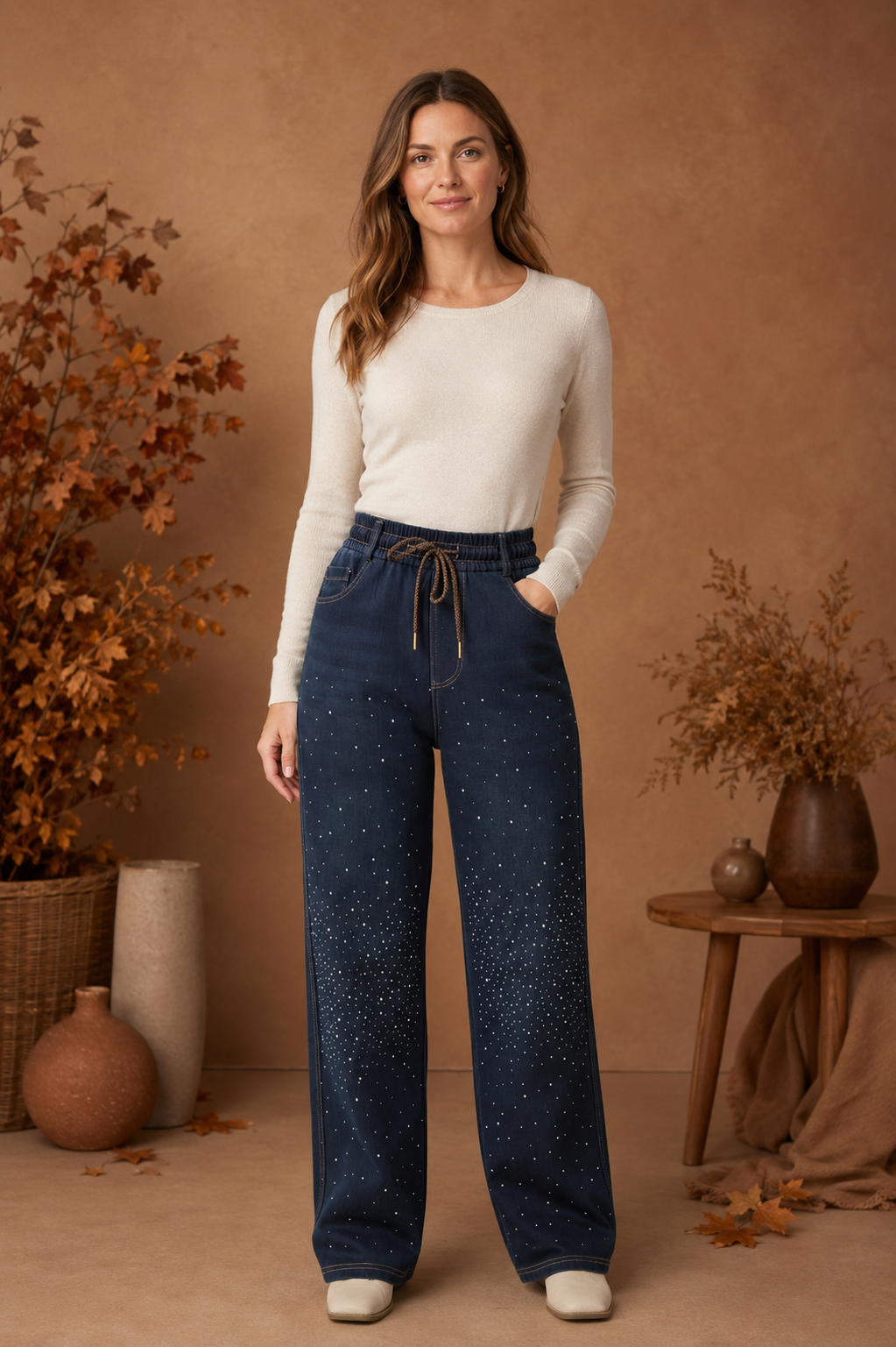 Rhinestone Embellished Wide Leg Jeans – High Waist Front Tie Drawstring Denim Trousers