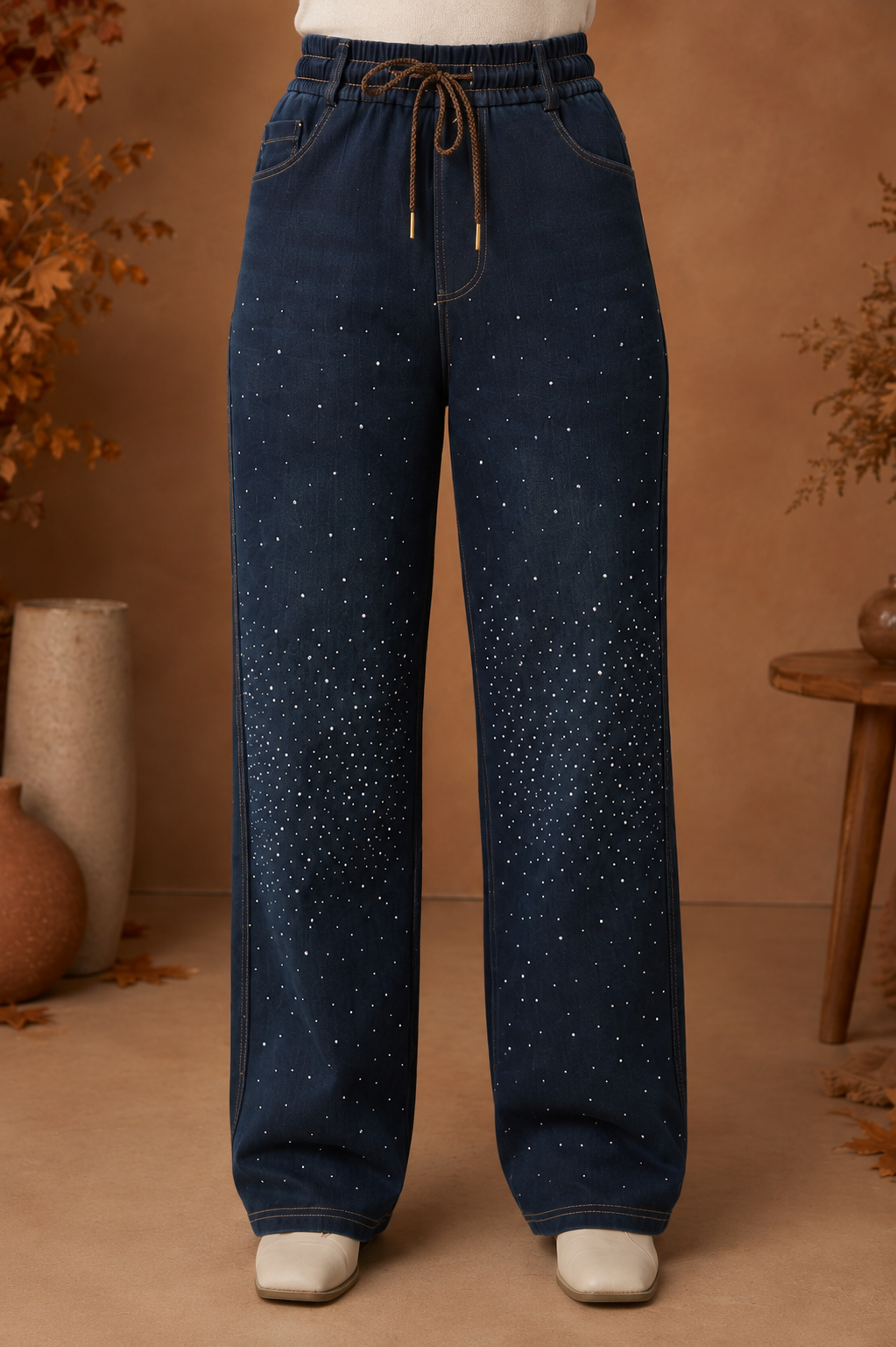 Rhinestone Embellished Wide Leg Jeans – High Waist Front Tie Drawstring Denim Trousers