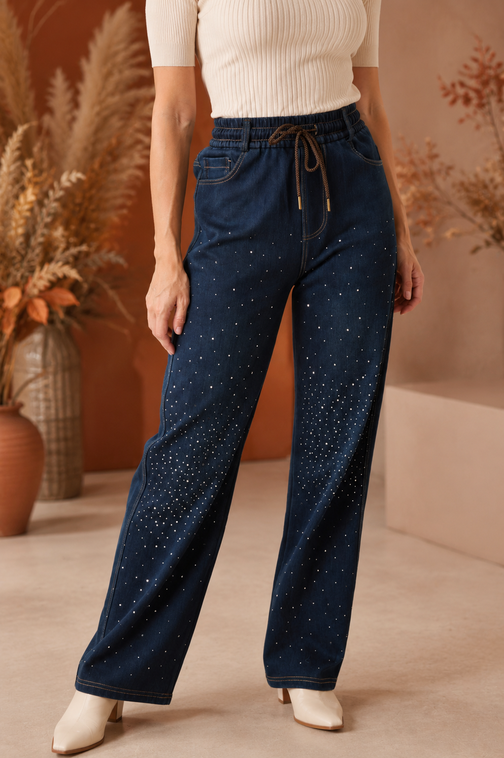 Rhinestone Embellished Wide Leg Jeans – High Waist Front Tie Drawstring Denim Trousers