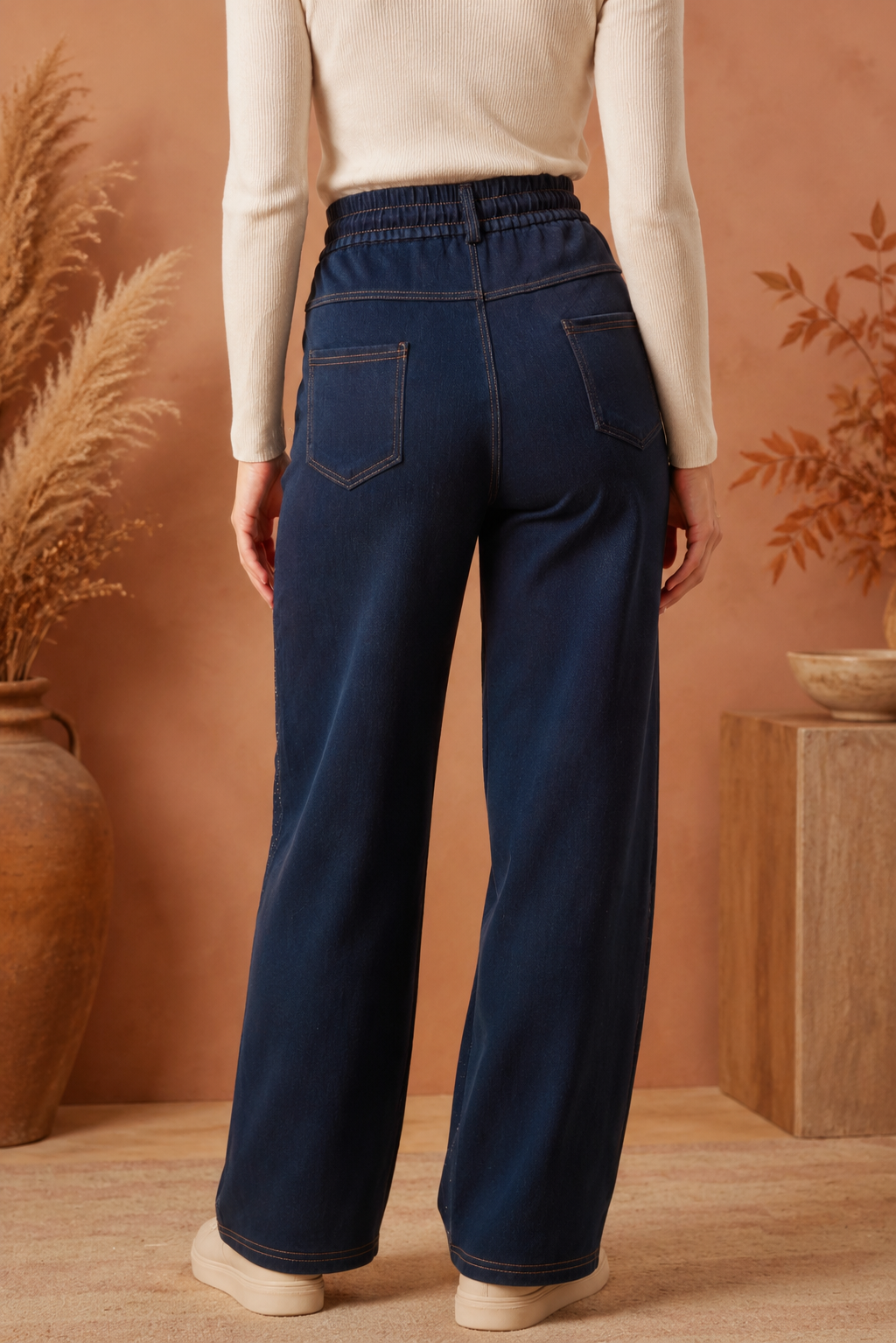 Rhinestone Embellished Wide Leg Jeans – High Waist Front Tie Drawstring Denim Trousers