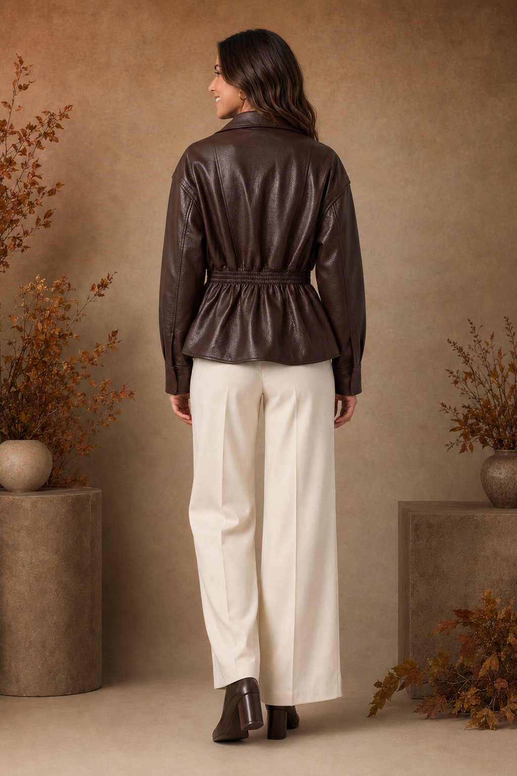 Collared Shirred Waist Faux Leather Jacket – Chocolate Brown