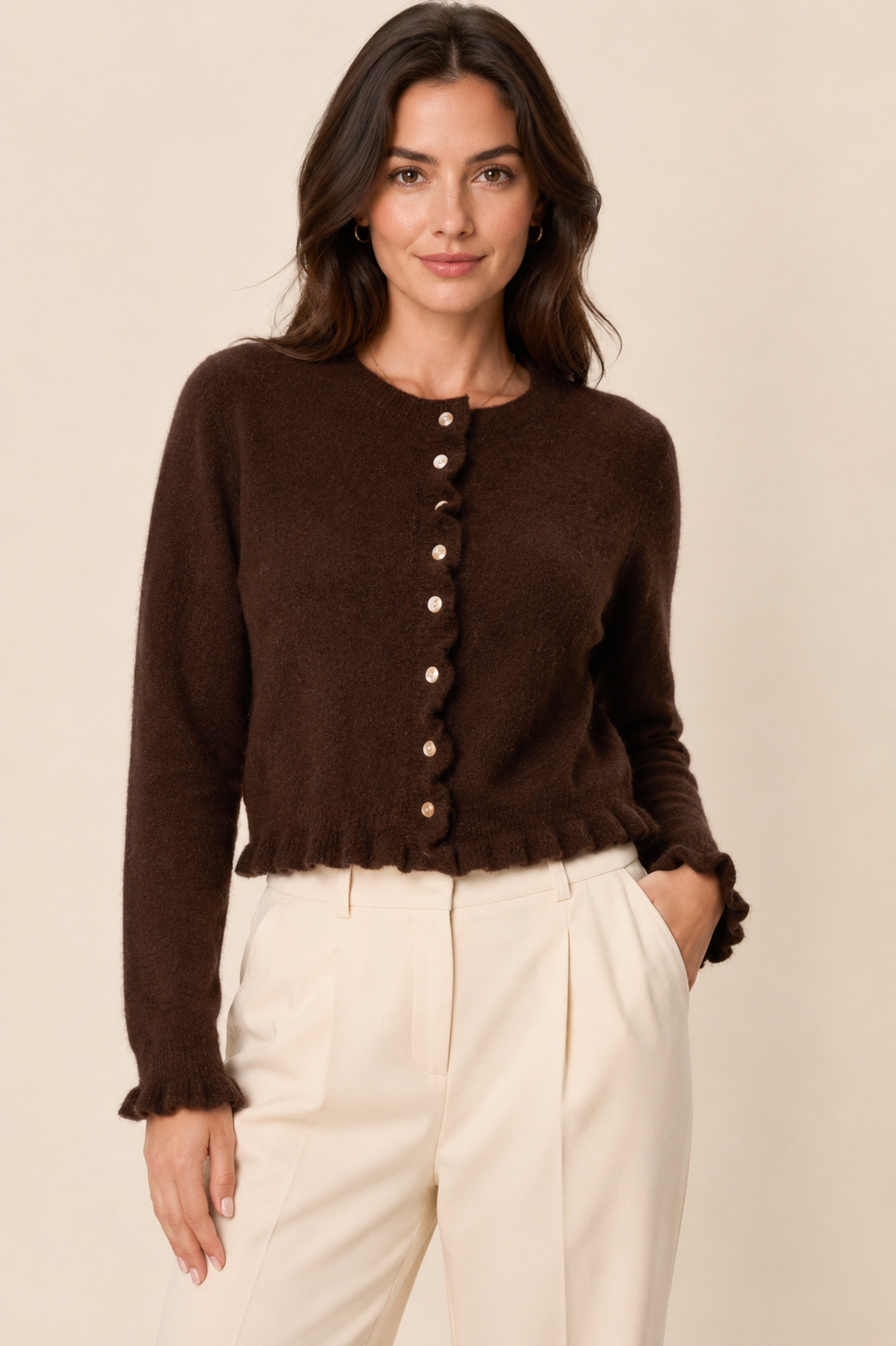 Ruffle Trim Button Through Cardigan