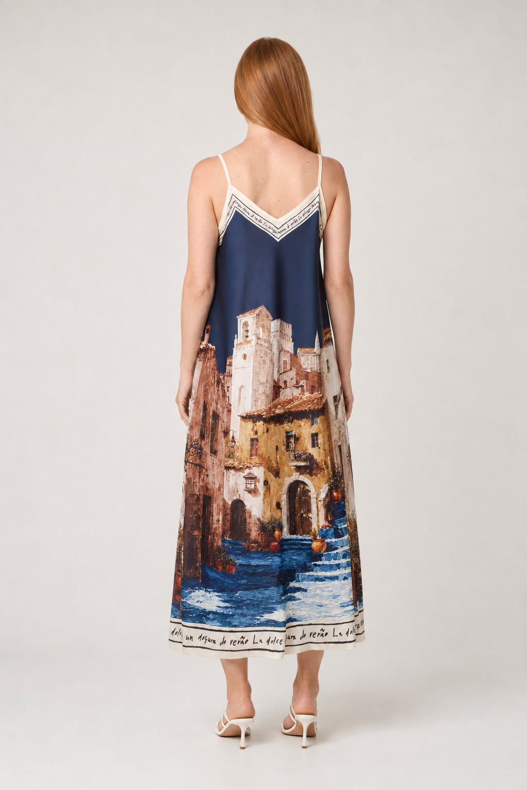 Italian Village Print Satin Midi Dress