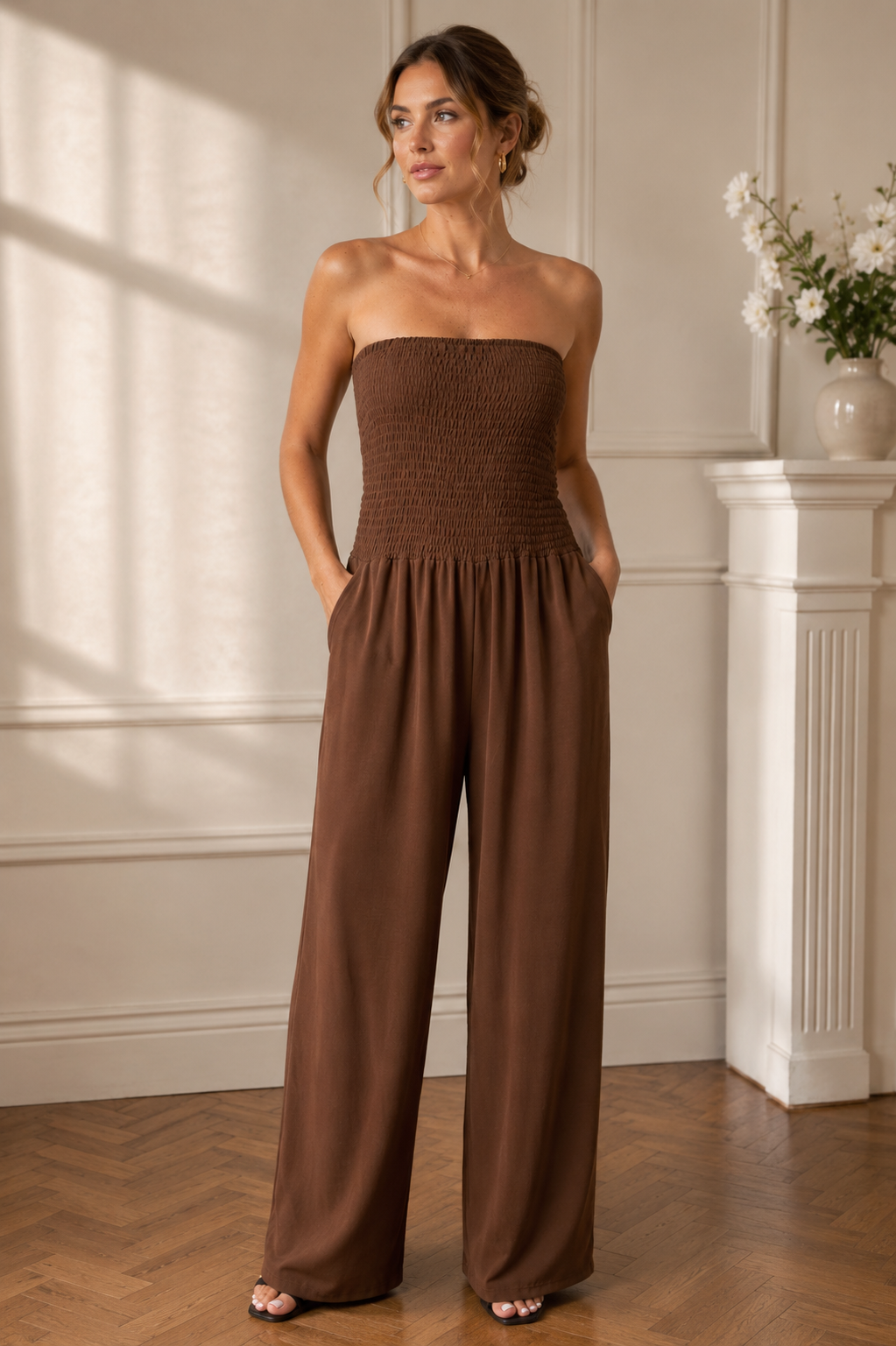 Bandeau Shirred Wide Leg Jumpsuit for Women | Strapless Summer Jumpsuit