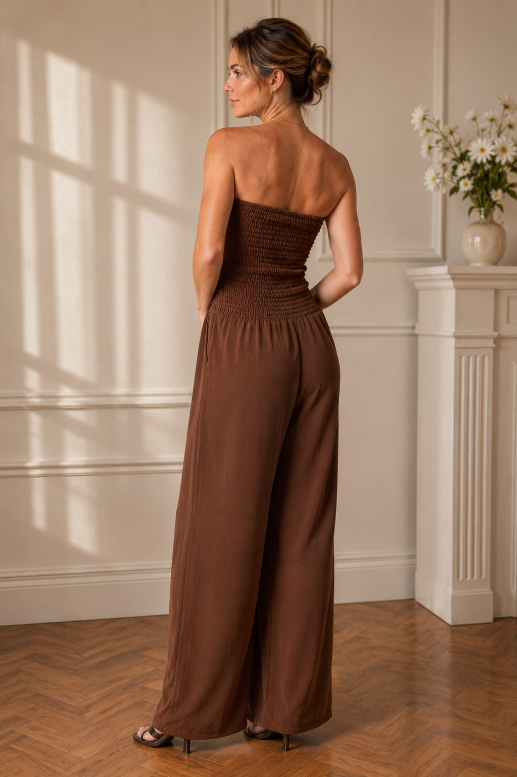Bandeau Shirred Wide Leg Jumpsuit for Women | Strapless Summer Jumpsuit