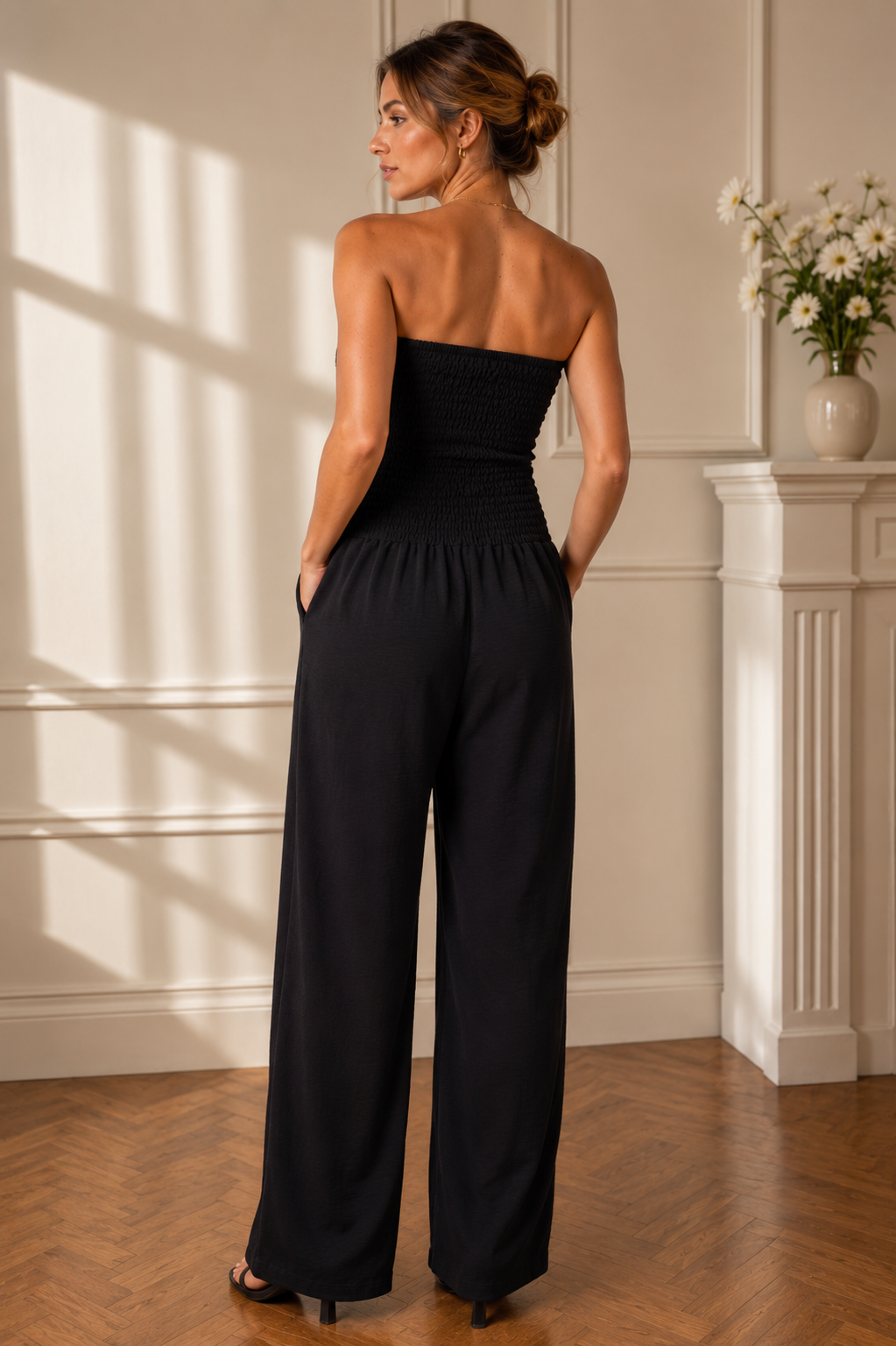 Bandeau Shirred Wide Leg Jumpsuit for Women | Strapless Summer Jumpsuit