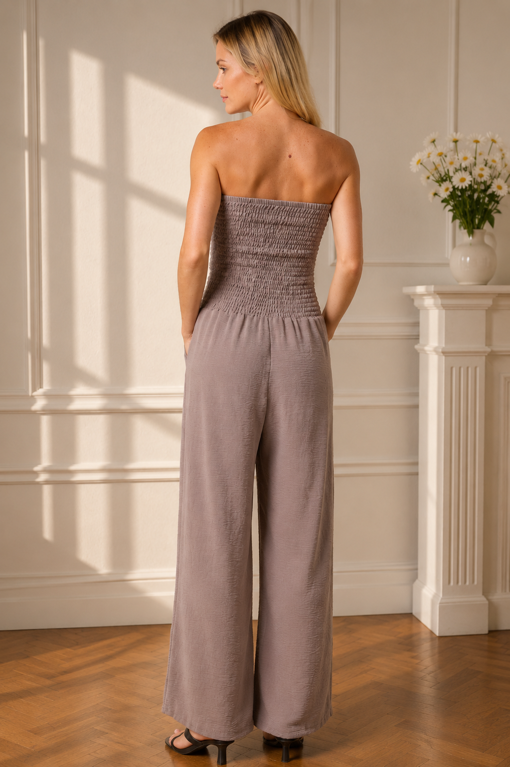 Bandeau Shirred Wide Leg Jumpsuit for Women | Strapless Summer Jumpsuit