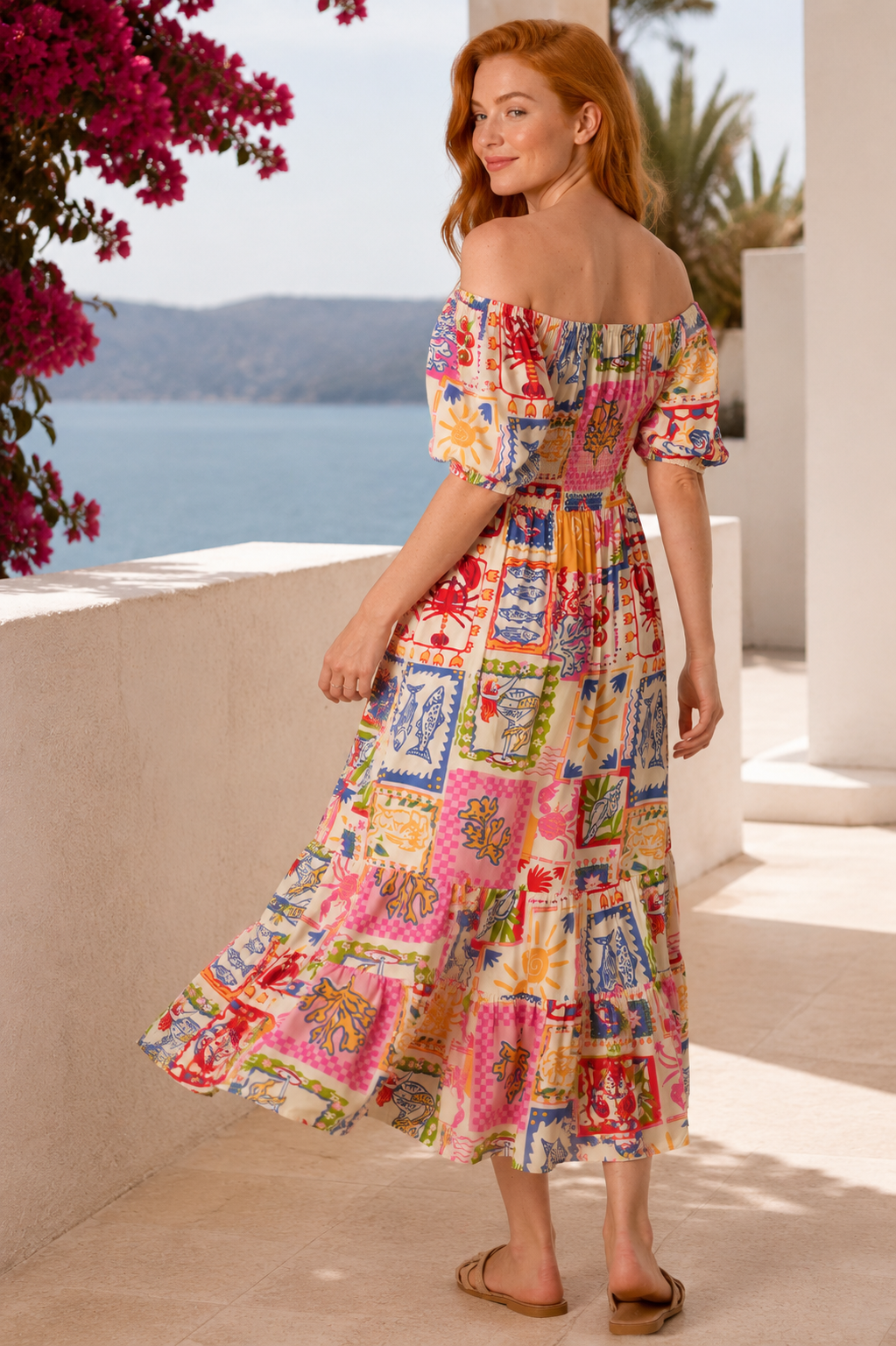 Tie Front Shirred Postcard Print Midi Dress | Off Shoulder Summer Holiday Dress