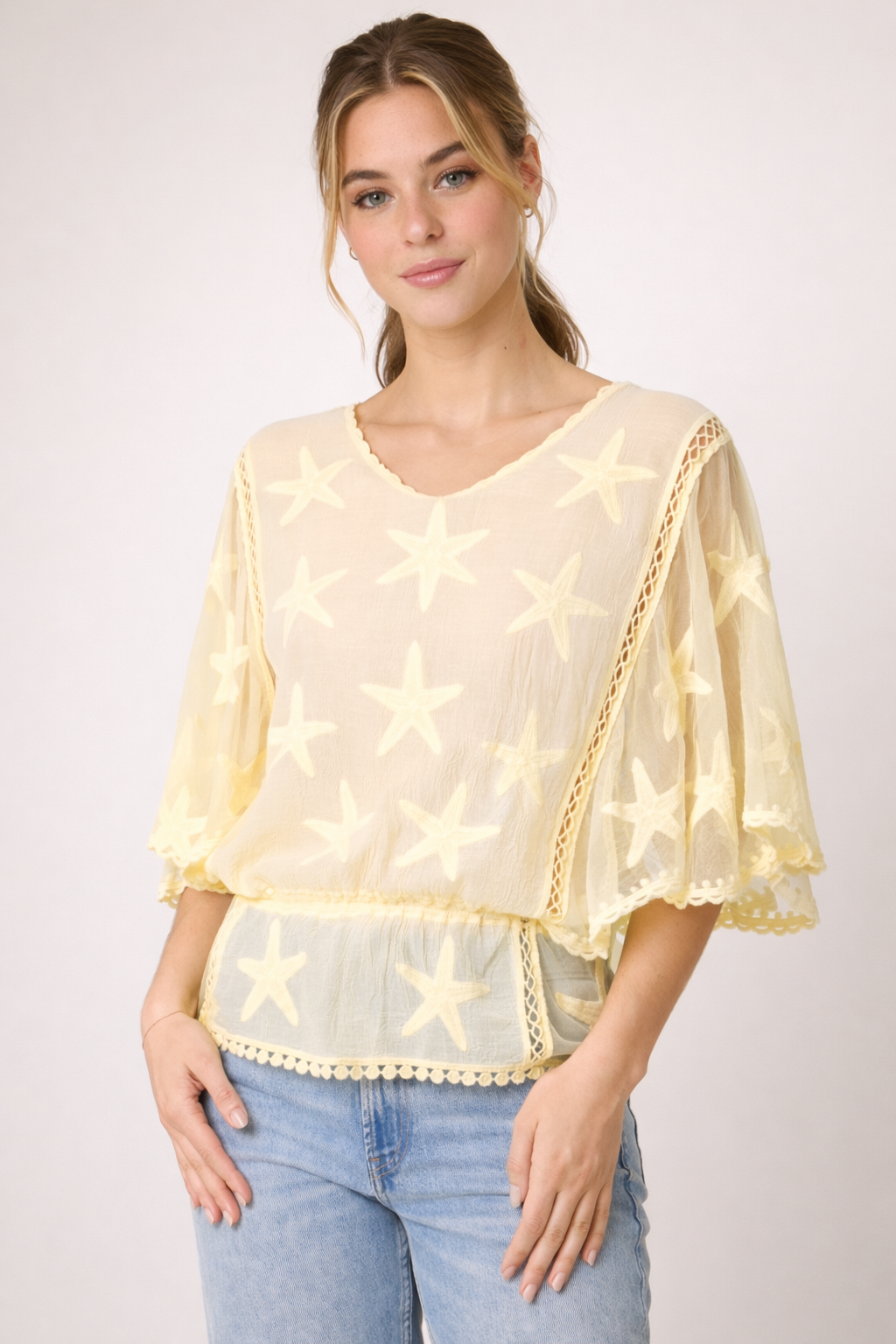 Women’s Star Embroidered Lace Sleeve Blouse – Elegant Sheer Top