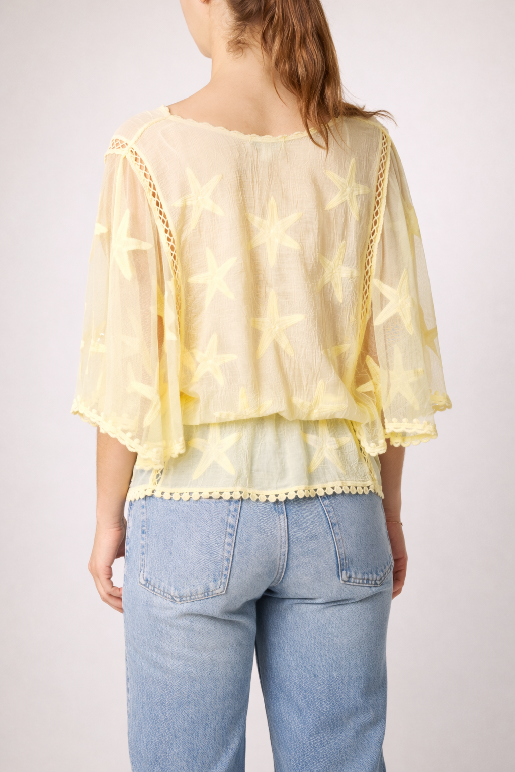 Women’s Star Embroidered Lace Sleeve Blouse – Elegant Sheer Top