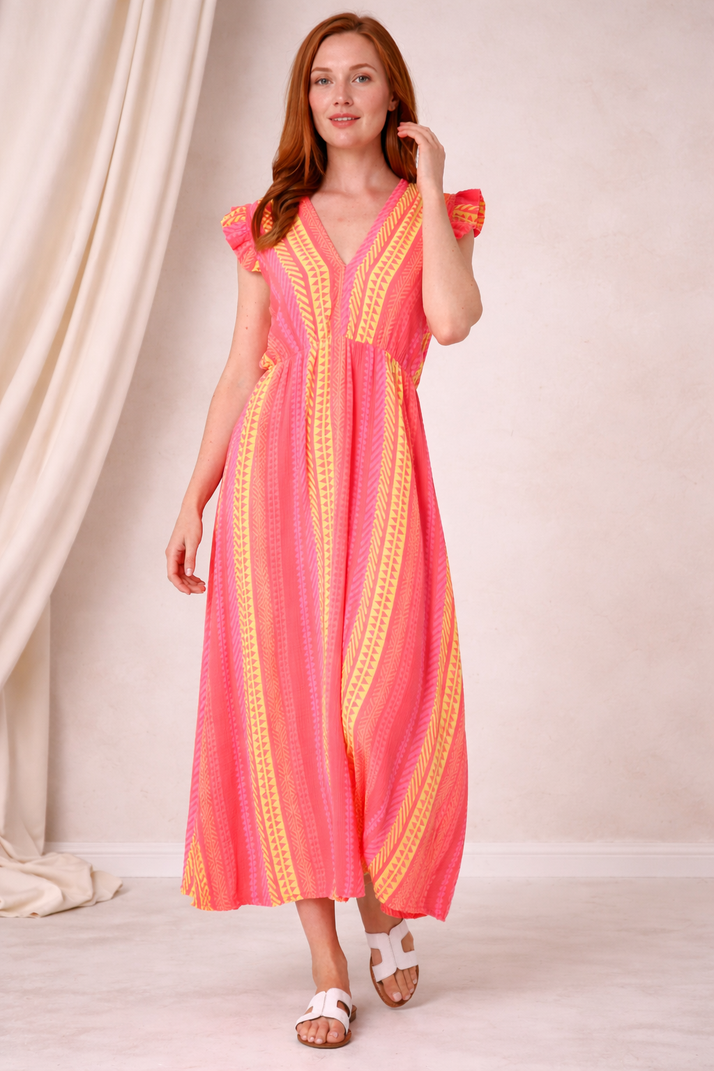 Aztec Print Frill Sleeve Cotton Maxi Dress – Lightweight Summer Boho Dress for Women