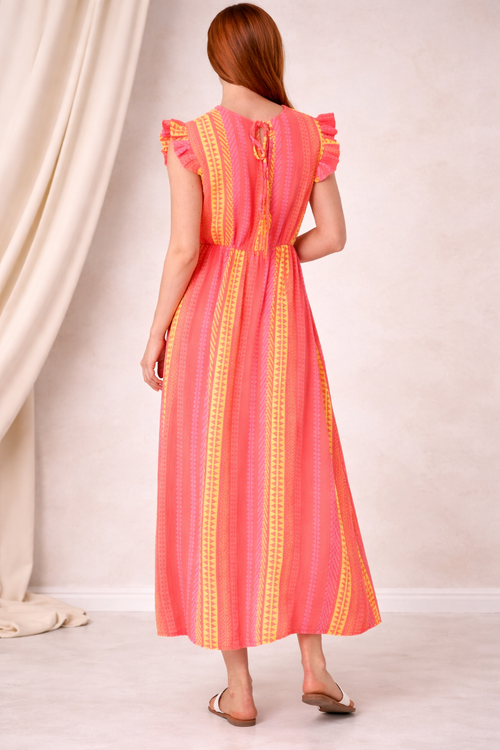 Aztec Print Frill Sleeve Cotton Maxi Dress – Lightweight Summer Boho Dress for Women