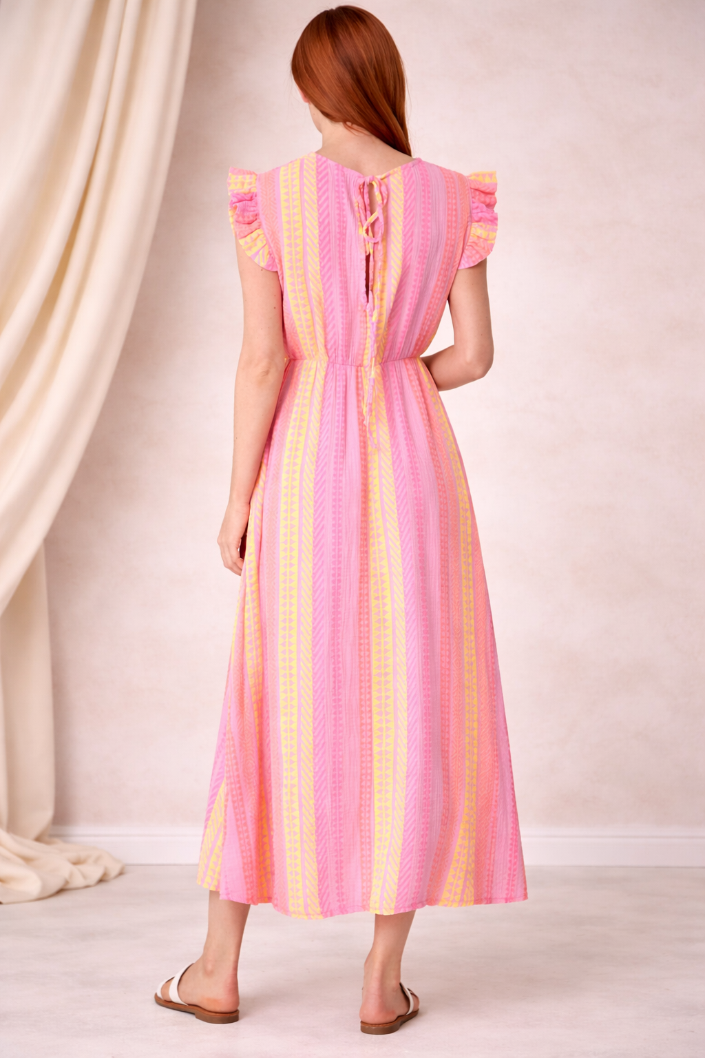 Aztec Print Frill Sleeve Cotton Maxi Dress – Lightweight Summer Boho Dress for Women