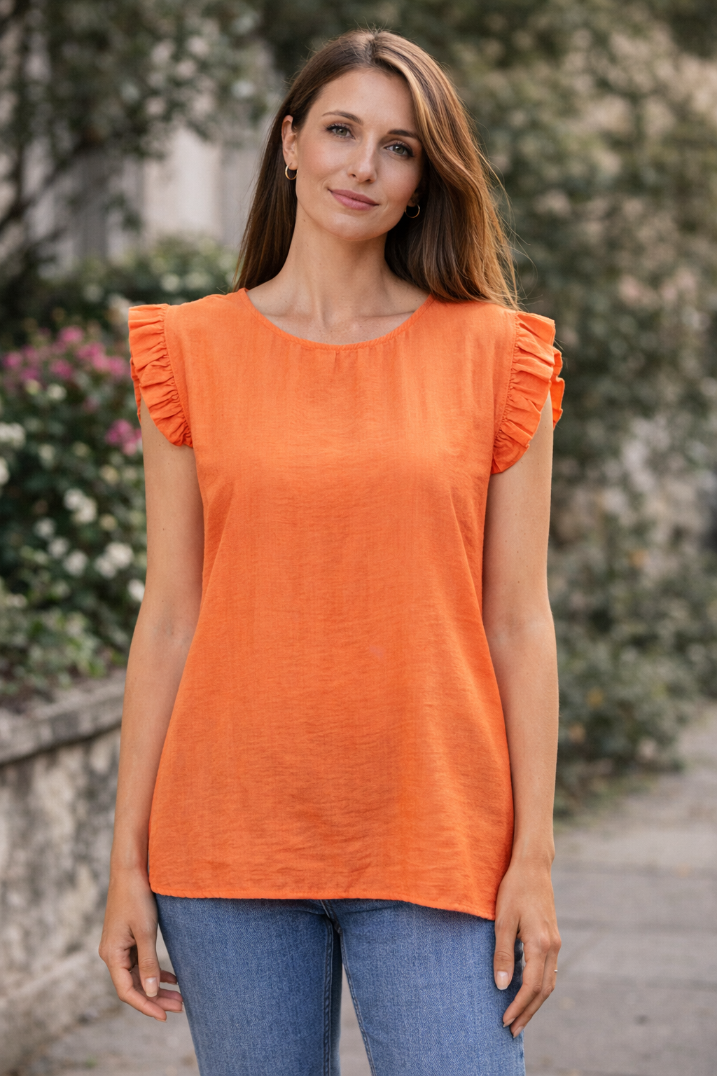 Elegant Casual Blouse for Women – Ruffle Sleeve Smooth Texture Lightweight Top
